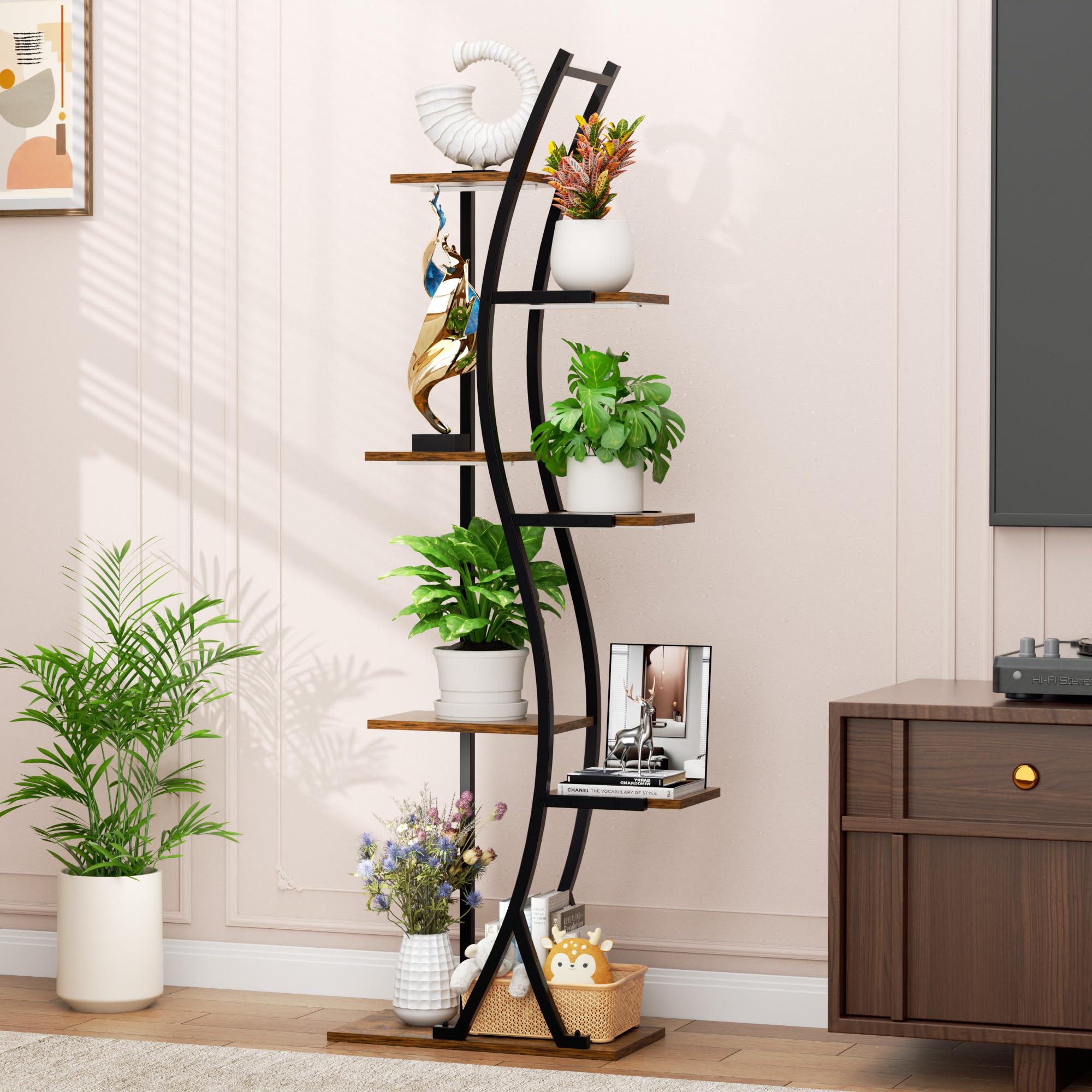 Stojak na rośliny 142 cm do użytku wewnątrz z lampkami do uprawy, 7-poziomowa, wysoka, metalowa półka na rośliny