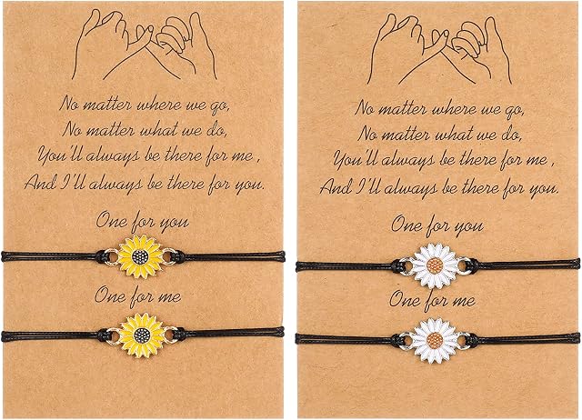 FANTESI 4 Pcs Sunflower Bracelets, Pinky Promise Bracelets Boho Bracelet Best Friend Mom Daughter Matching Bracelet for Women Girls