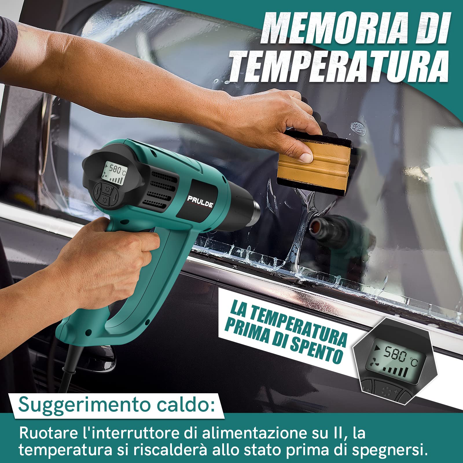 PRULDE Pistola Termica Elettrica, 2000W Pistola ad Aria Calda con Display Digitale LCD, Controllo Temperatura Variabile (50℃- 650℃) con 4 ugelli per rimozione vernice, saldatura e restringimento