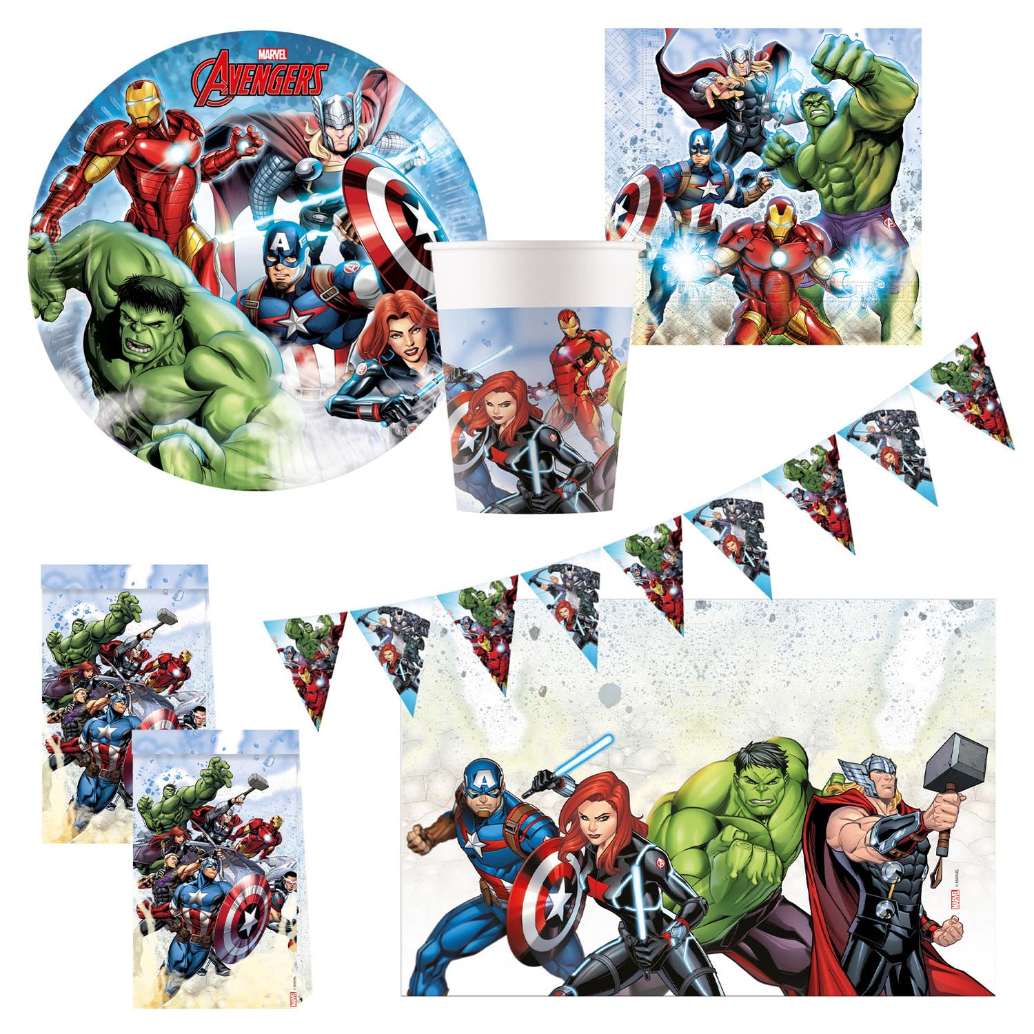 Set Stoviglie Usa E Getta Marvel Avengers - 52 Pezzi (16 Piatti, 16 Bicchieri, 20 Tovaglioli), Per Feste A Tema Supereroi