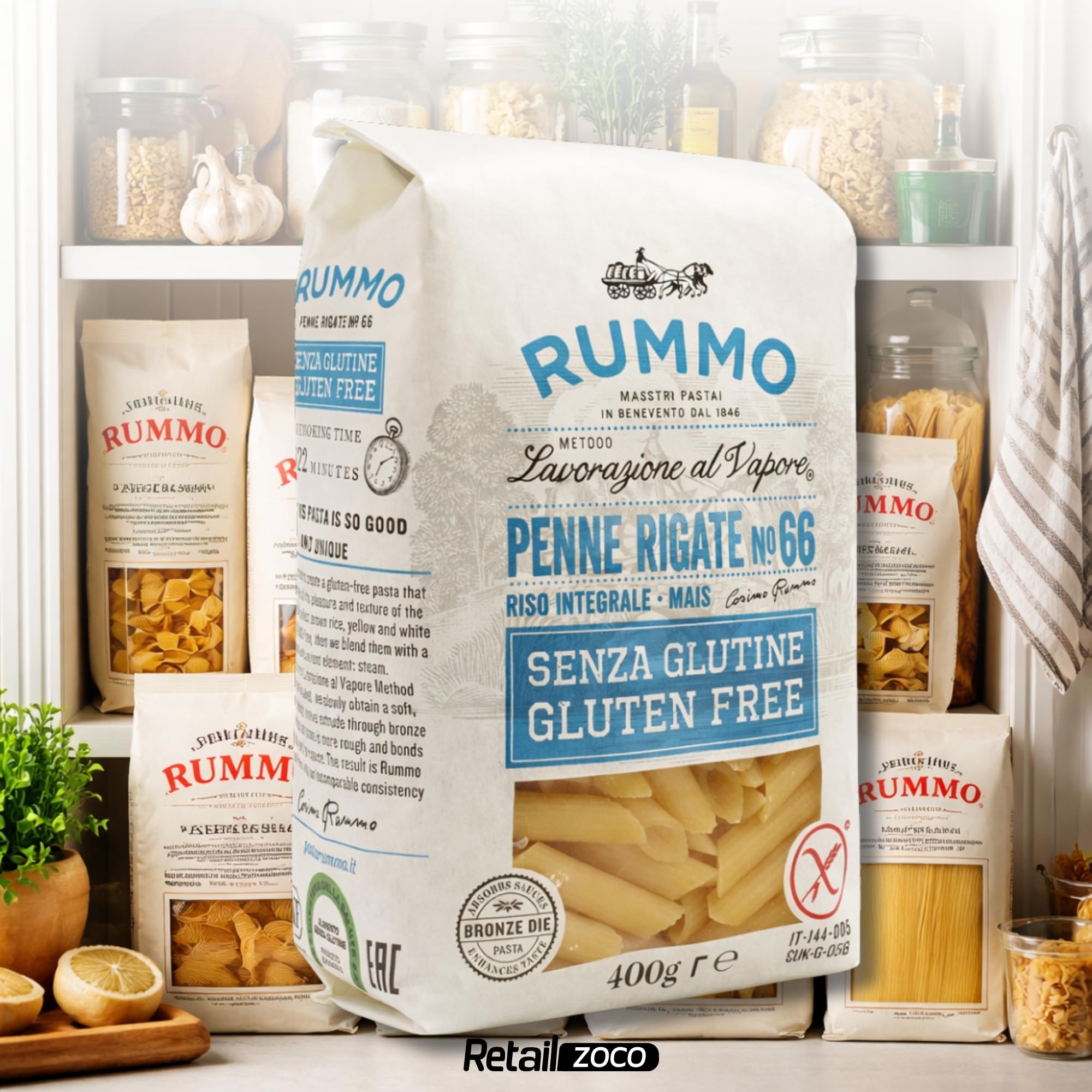 Pasta Rummo Penne Rigate SIN Gluten Nº66, Pasta Italiana, Pasta alimenticia con harina de arroz integral y maíz, Sin gluten, Elaboración lenta, Tiempo de cocción 12 minutos, 6 Paquetes de 400 gr