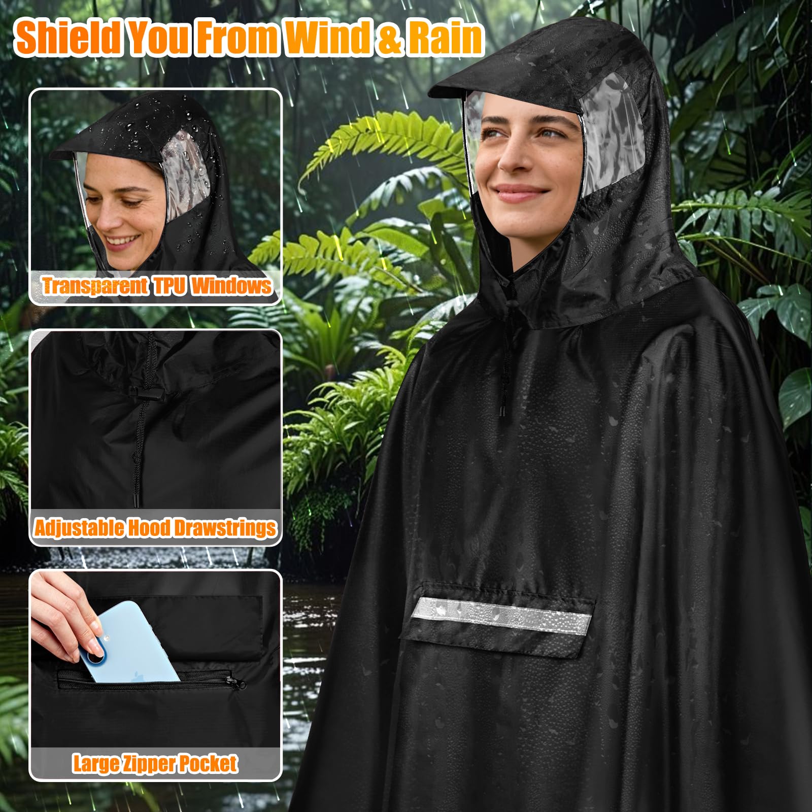 Cape Pluie Velo Portable Léger Poncho Pluie Velo Imperméable Vêtements Avec Reflechissant Unisexe Poncho Pour Homme Femme