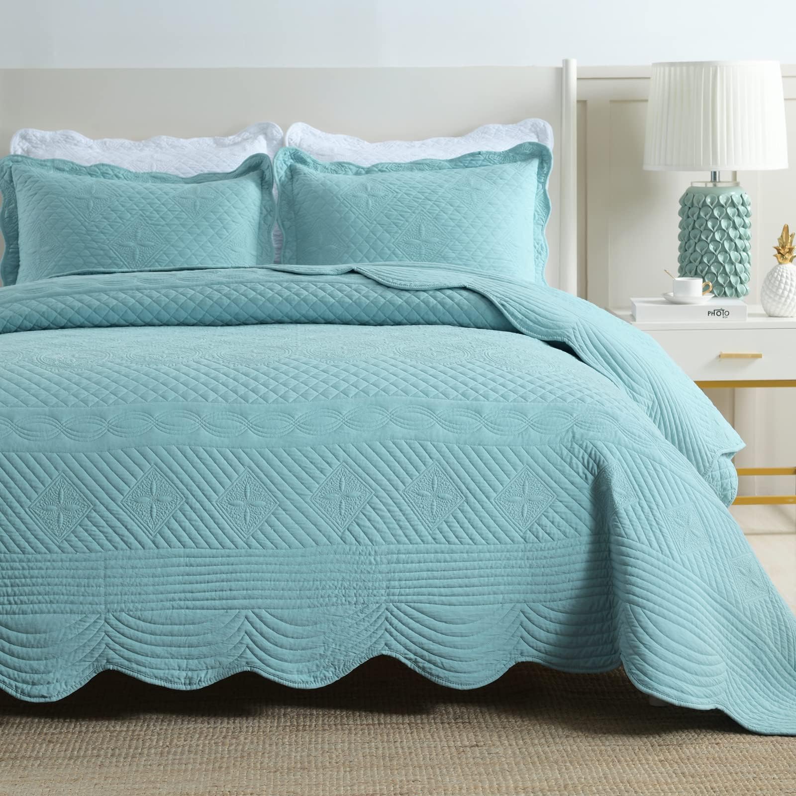 mixinni King Size Quilted Bedspread Blue All Season Soft Lightweight Quilt King Bedspread Coverlet Set, Perfect for Him and Her (3pcs, King Size)