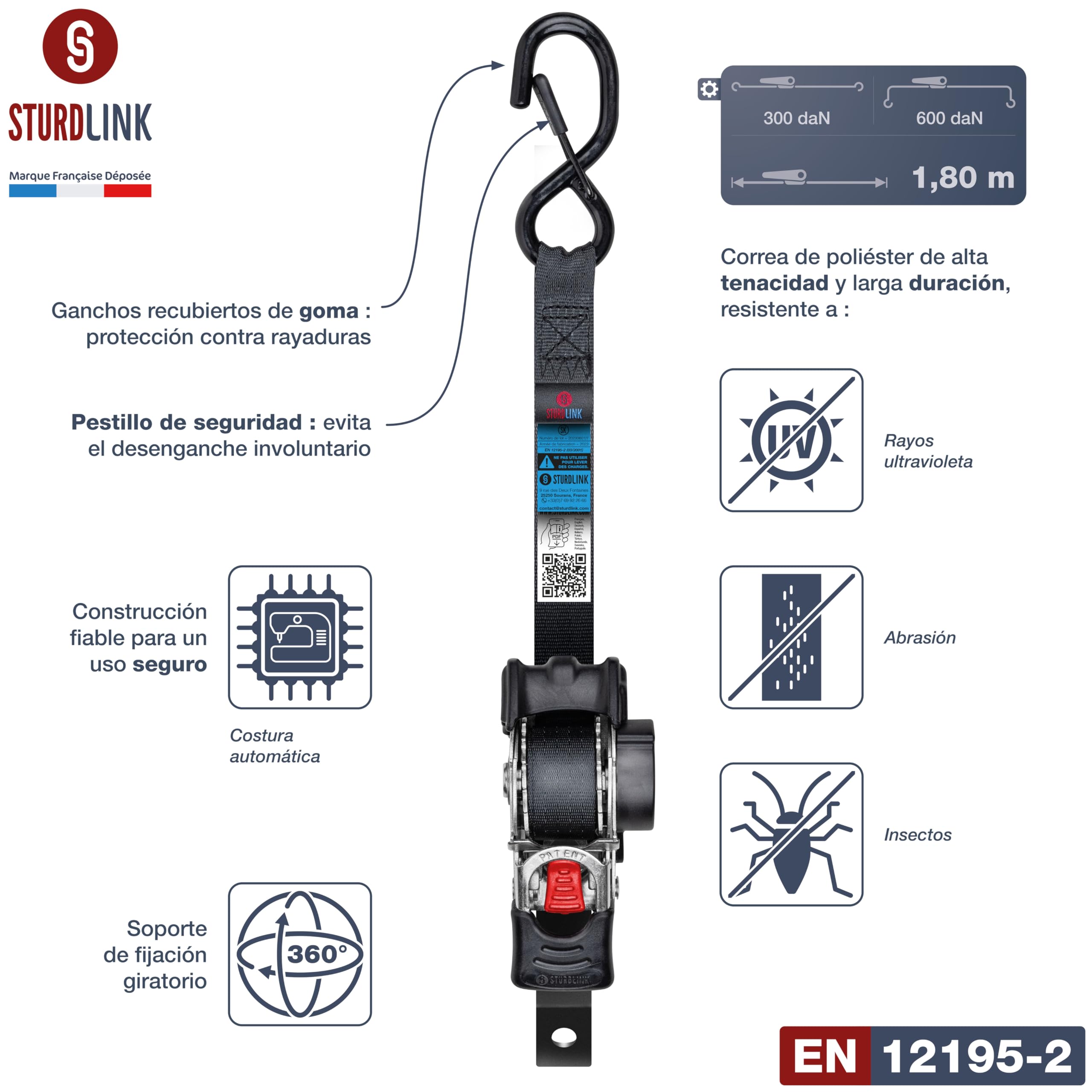 Correa de trinquete automático de acero inoxidable 1,8 m 25 mm, gancho S con lengüeta LC 300 daN, 600 daN en U | Enrollador de correas automático | Correa retráctil con asa ergonómica | Juego de 2 +