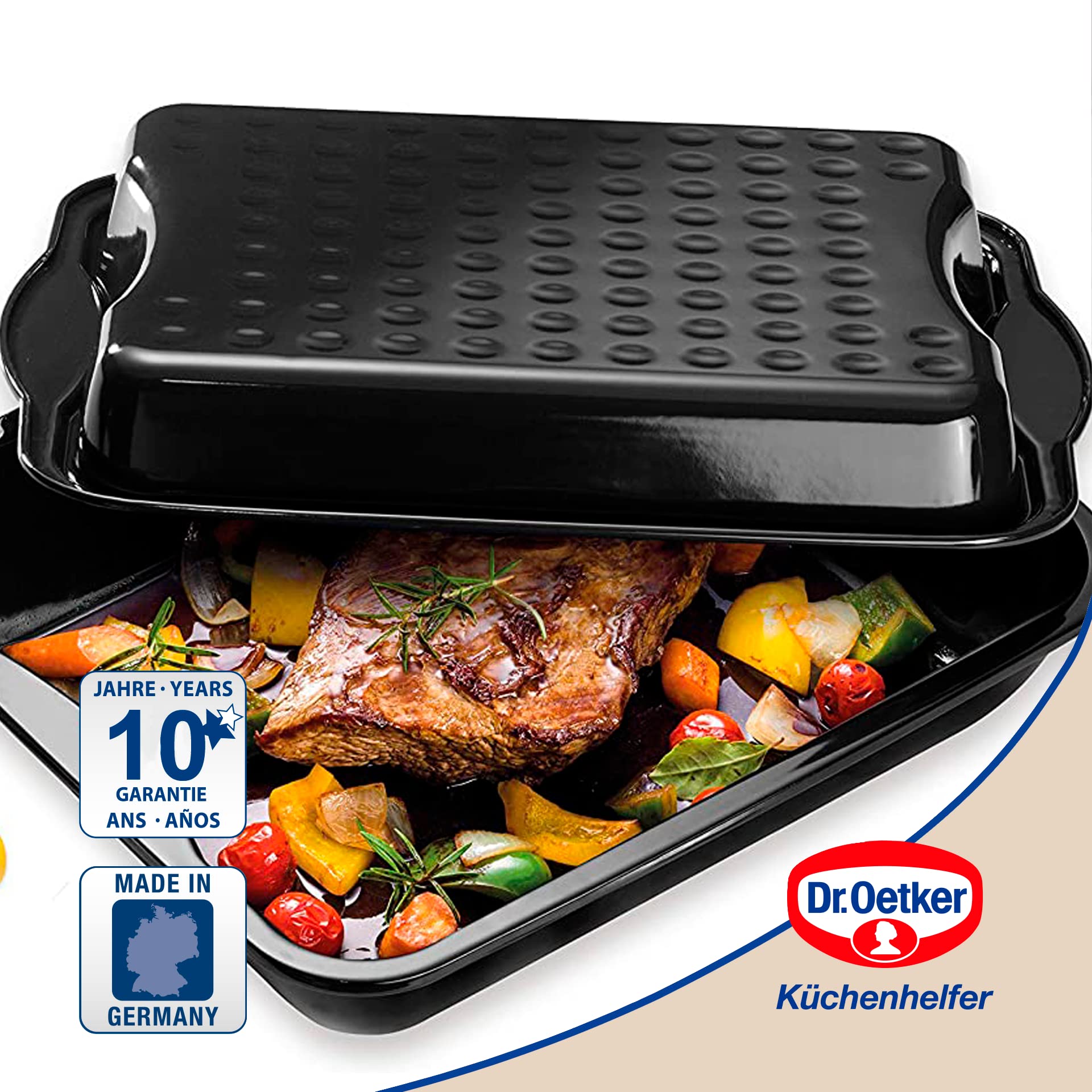 Dr. Oetker Fuente para horno alta y rectangular con tapa-Besuguera-Rustidera antiadherente esmaltado negro-Bandeja XXL, resistente hasta 400ºC, hecha en Alemania, 42x34x7,5cm, 1ud.