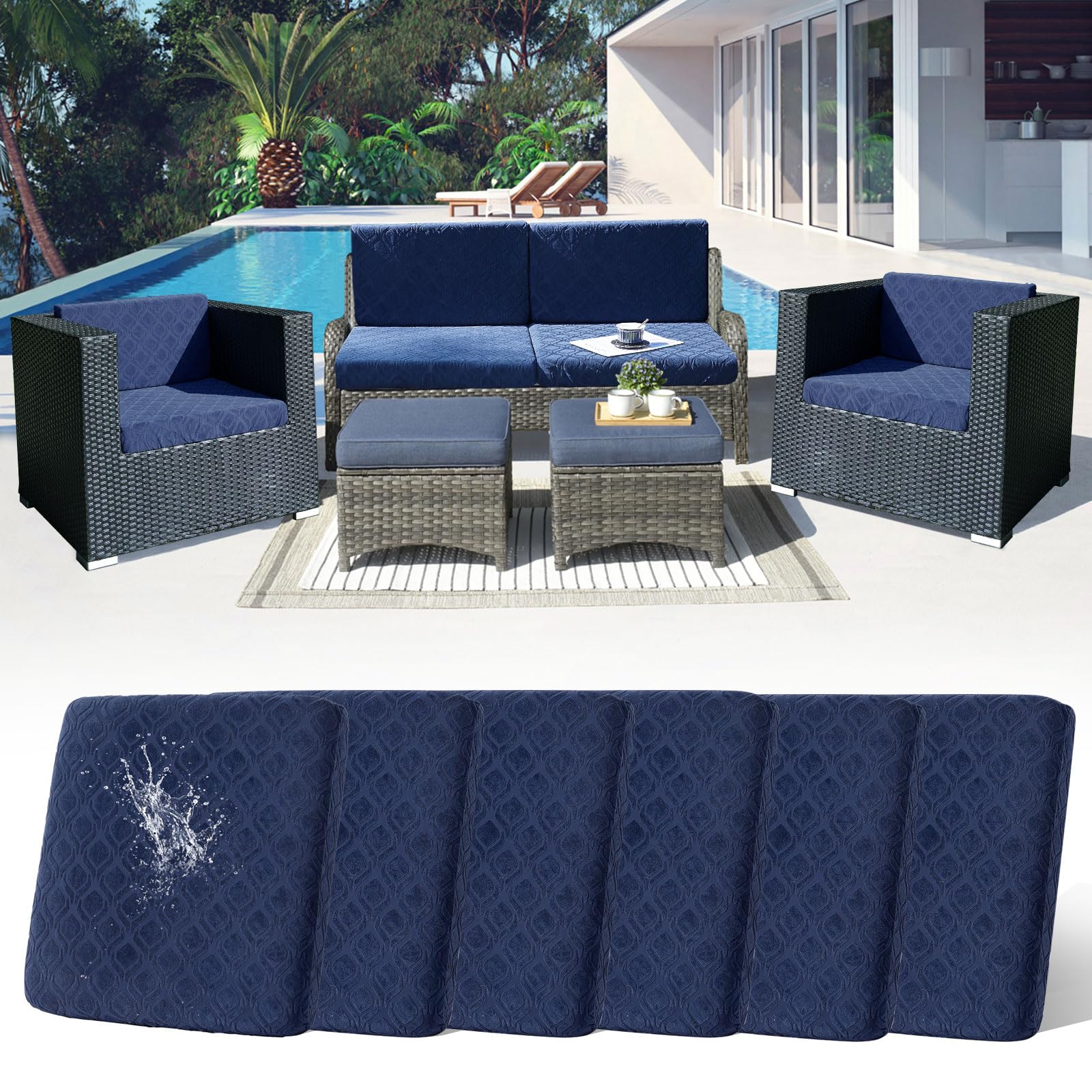 LiveGo Patio Stretch Sofa Cushion Cover Outdoor Cushion Cover Replacement Patio Furniture Cushions Couch Slipcovers Chair Seat Cover Soft Flexibility Protector (6, Navy blue) — image 1