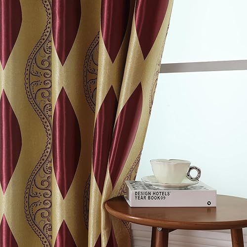 Miniatura 6 de HOMEIDEAS Cortinas burdeos y doradas para sala de estar, 52 x 84 pulgadas de largo, juego de 2 paneles de cortinas de jacquard ondulado con ojales