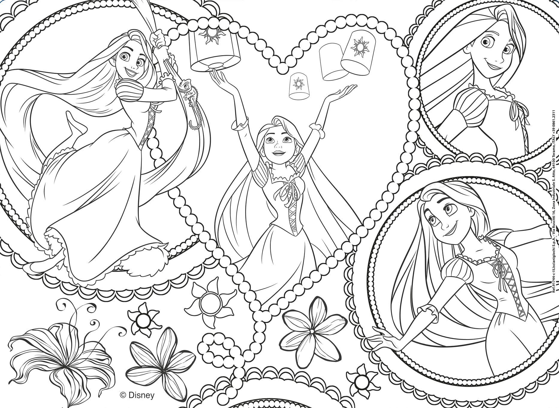 Lisciani - PUZZLE DISNEY Princesas para Niños a Partir de 3 Años - 4 x 48 piezas - 2 en 1 - Doble Cara con Reverso para Colorear - Princesas de DISNEY - Fabricado en Italia - 192 piezas