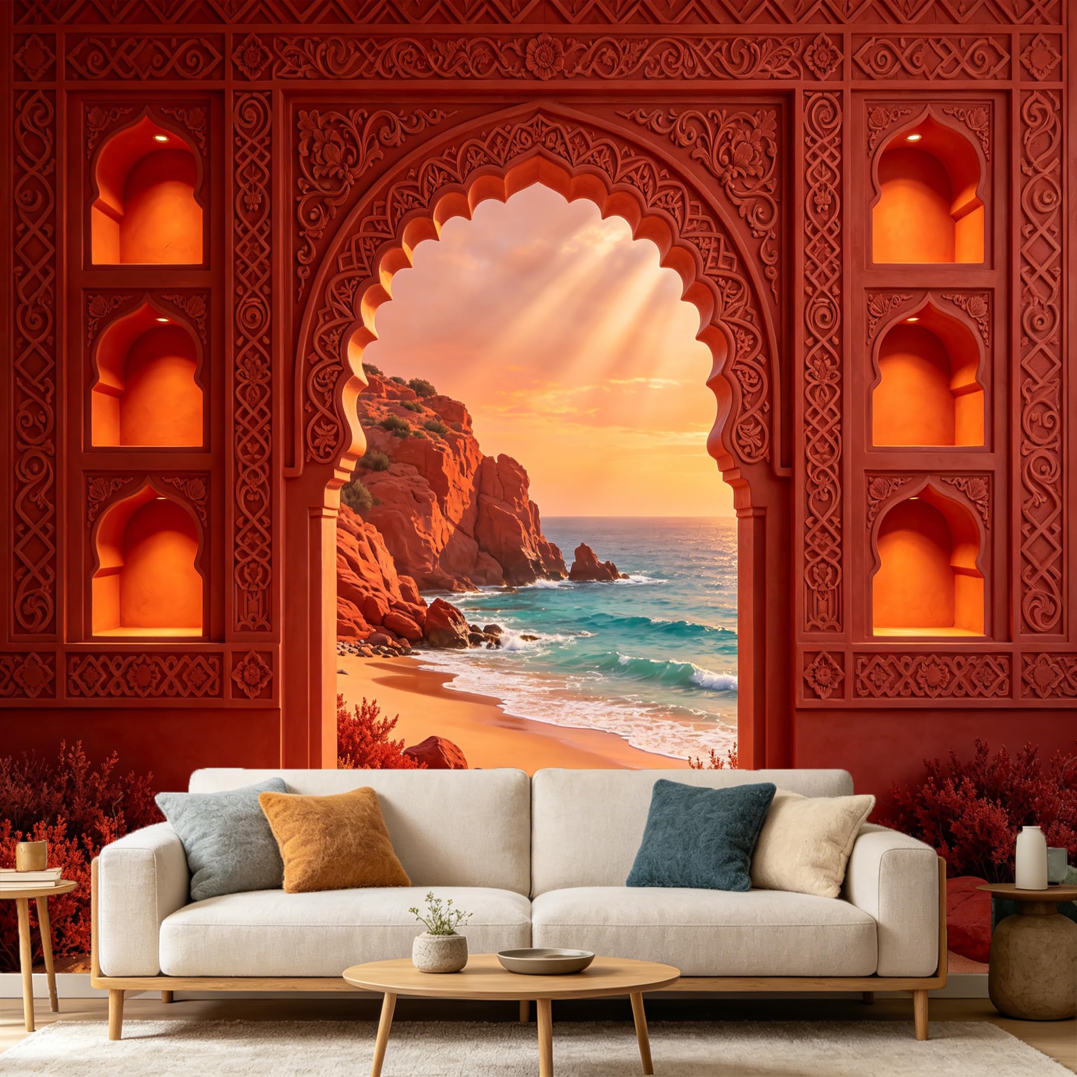 Custom Size Wall Mural， Mediterranean Arch Coastal Ocean Beach Landscape 3D Trompe L'Oeil， SelfAdhesive Art Prints wall Fabric Removable Large Wallpaper Home Living Room Decor
