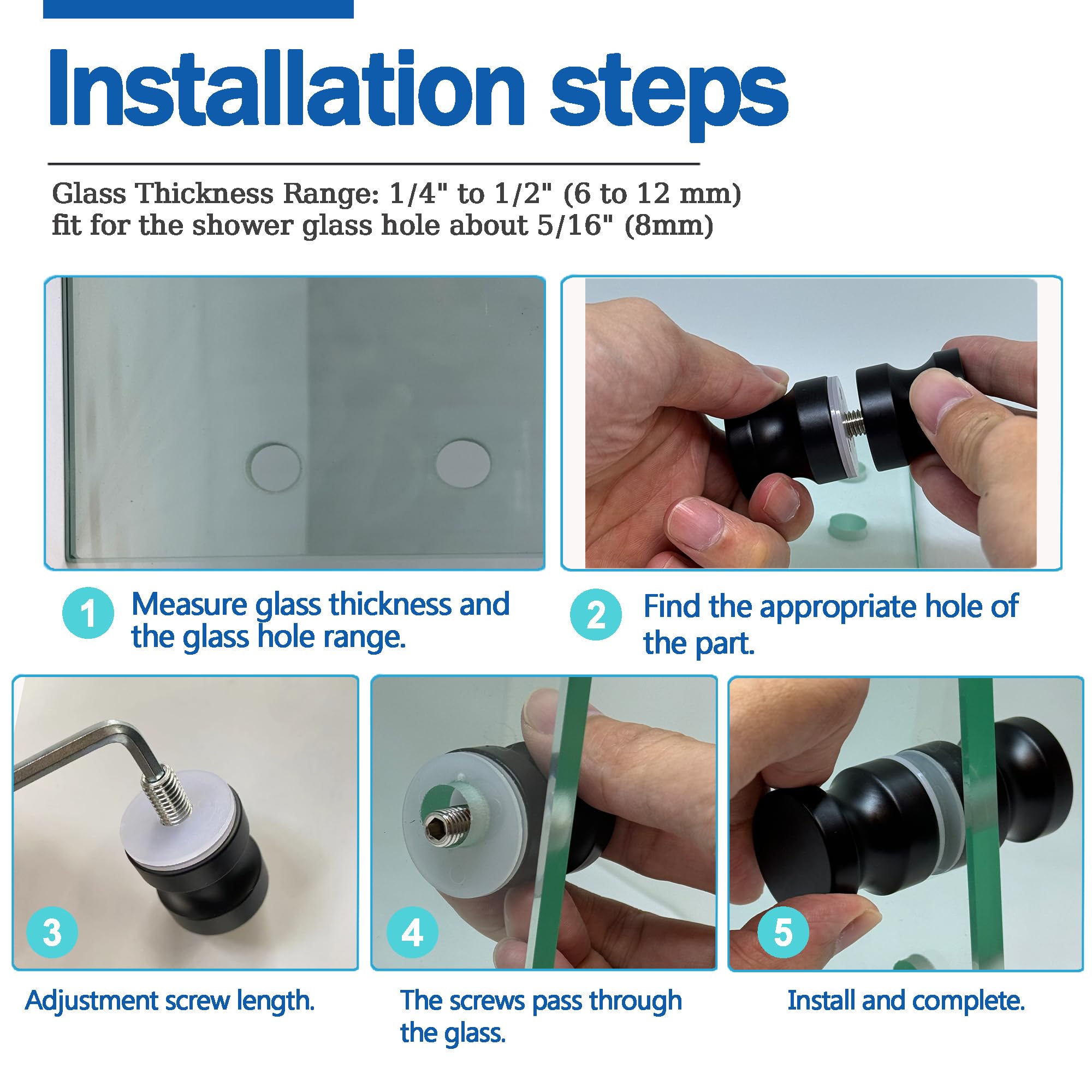 Tirador para mampara de ducha de repuesto para puerta de ducha, para vidrio de baño de 6 mm a 15 mm de grosor, negro mate (cromo satinado)
