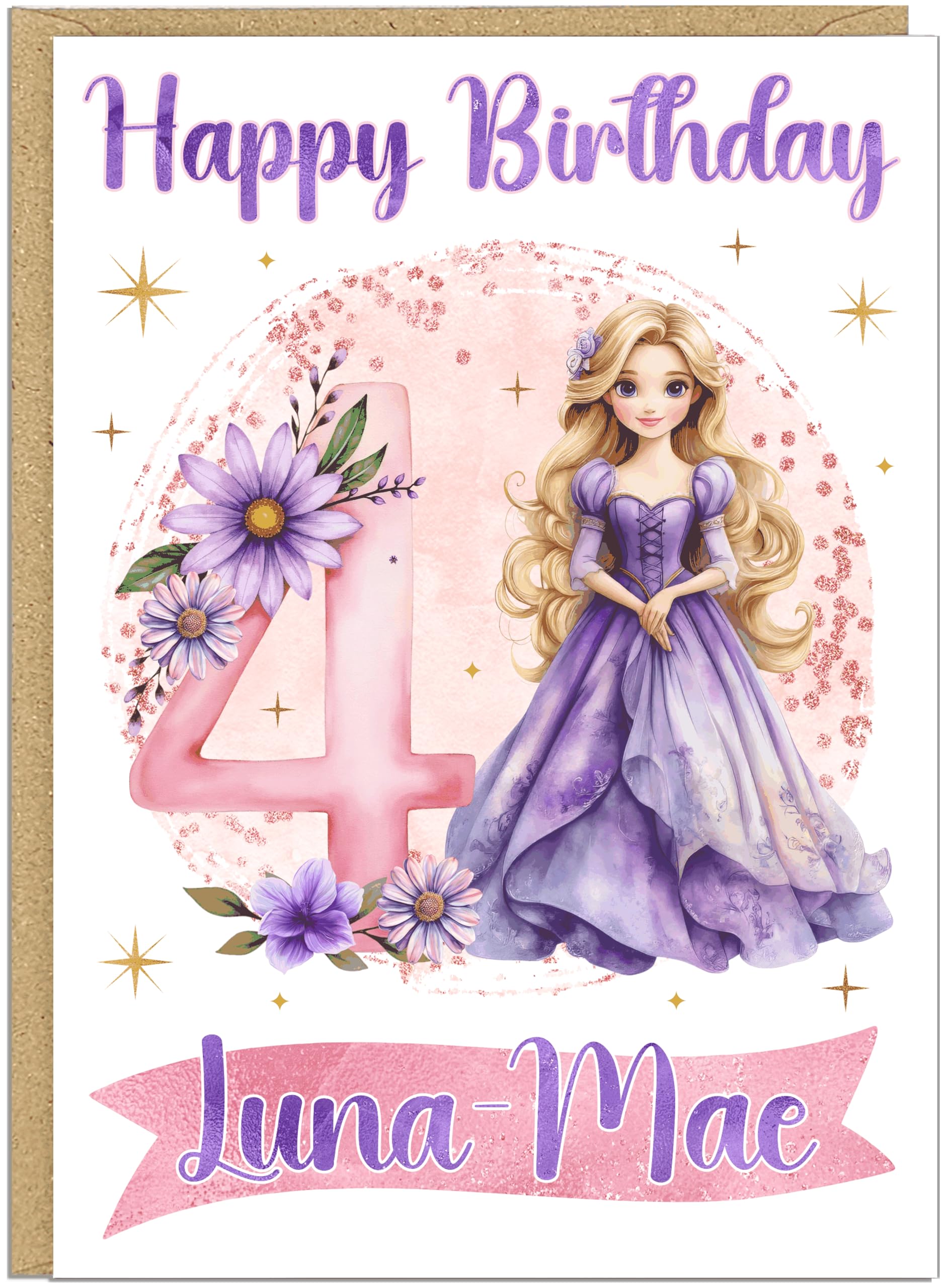Custom Age 1st 2nd 3rd 4th 5th 6th 7th 8th 9th Birthday Cards | Purple Princess Birthday Card with Child's Name | Personalised Girls Birthday Card With Blonde Princess in Purple Gown | (Age 4)