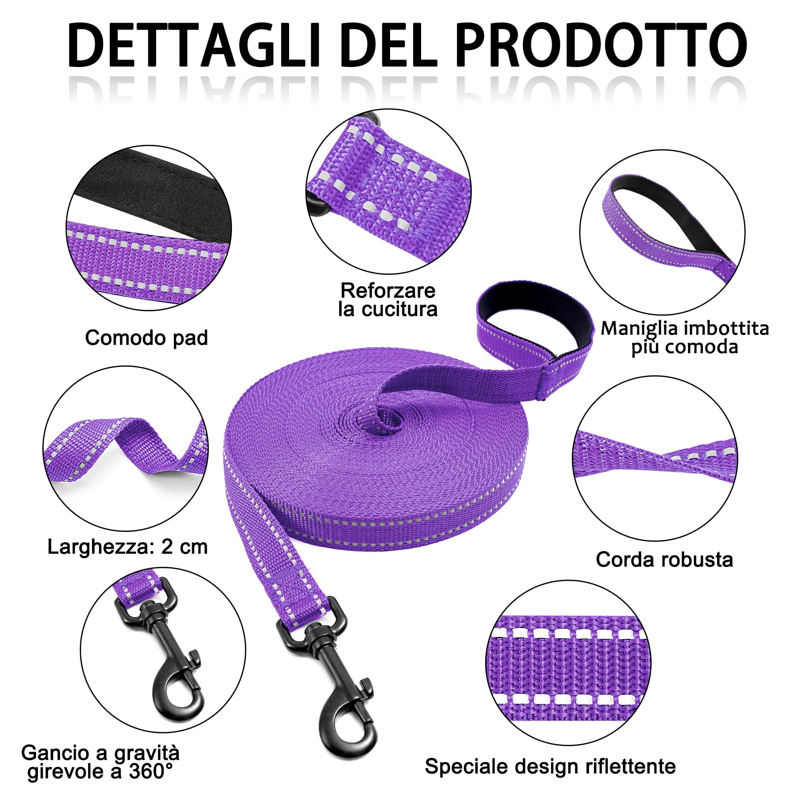 COMSLE Guinzaglio Addestramento per Cani, Lunghina per Cane Cani 3 metri / 5 metri / 10 metri / 15metri / 20metri con Gancio Robusto e Manico Imbotita, Guinzaglio per Cani Piccola e Taglia Grande