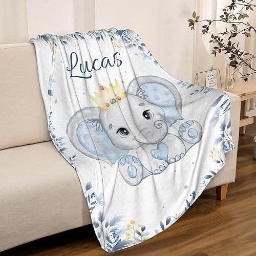 Miniatura 2 de Manta personalizada con nombre de bebé de elefante, regalos personalizados, manta de franela súper suave y ligera para niños, adultos, adecuada para