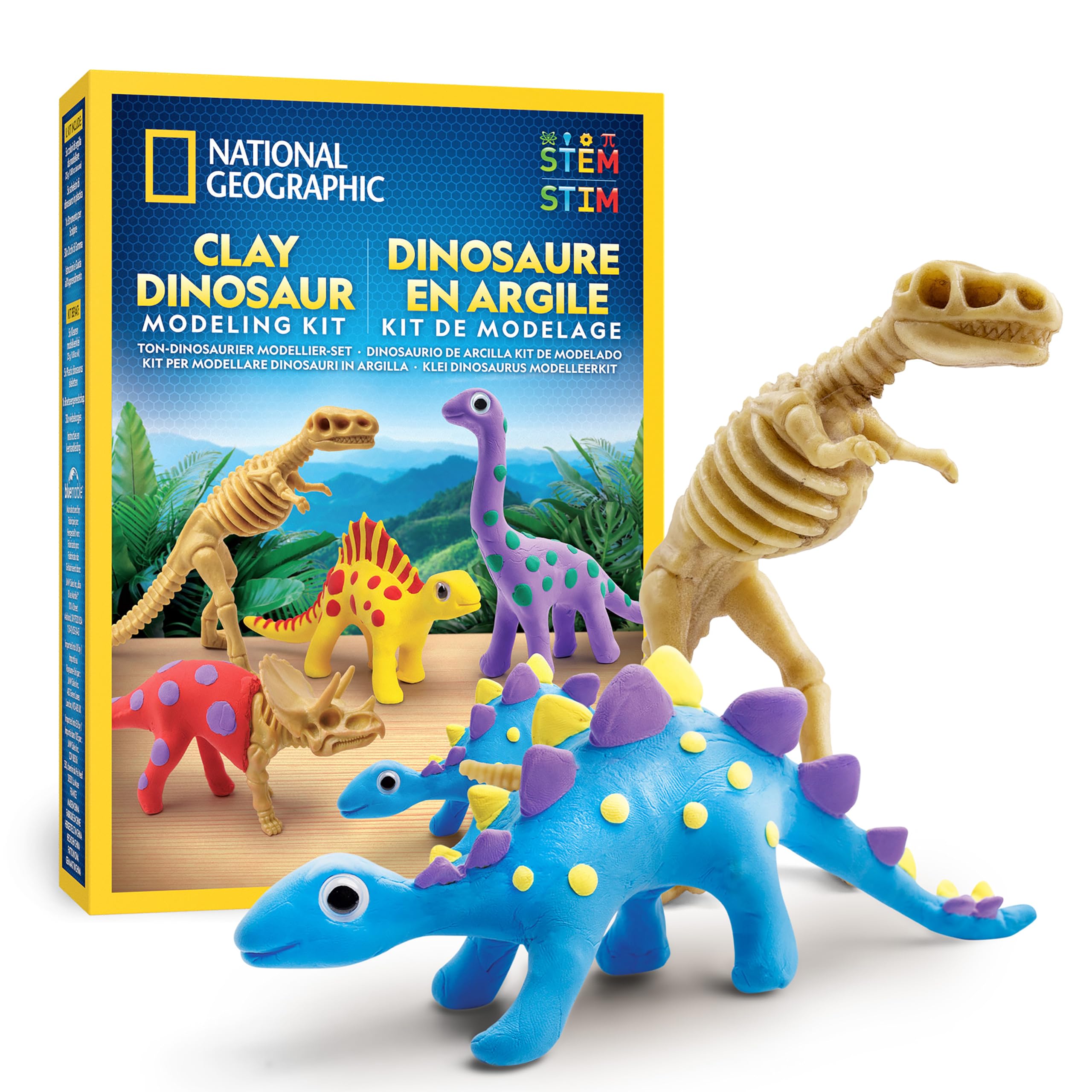 NATIONAL GEOGRAPHIC Kit Creativo Dinosauri con Argilla – 5 Dinosauri da Modellare con Argilla che Asciuga all’Aria, Scheletri, Strumento e Occhi Mobili