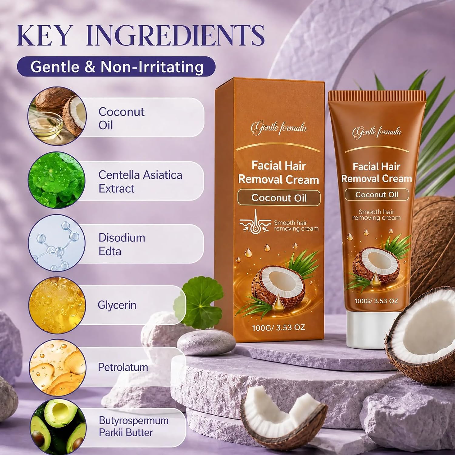 2PCS Coconut Oil Formula Hair Removal Cream,Plant Extract Facial Hair Removal Cream for Effective Hair Removal,Coconut Oil Based Gentle Body Hair Remover Cream,Suitable for All Skin Types 100g/3.53 OZ