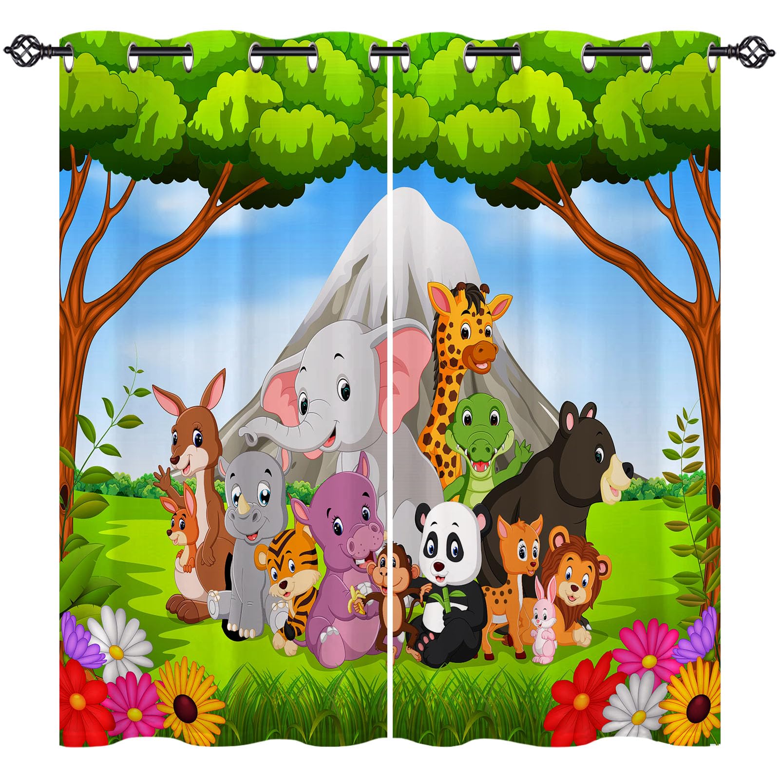 ANHOPE Jungle Animal Curtains Eyelet Ring Top Soft Thermal Insulated Blackout Curtains Safari Elephant Lion Print Pattern Decorative Window Drapes for Kids Bedroom Living Room 66 x 54 Inch 2 Panels โ image 1
