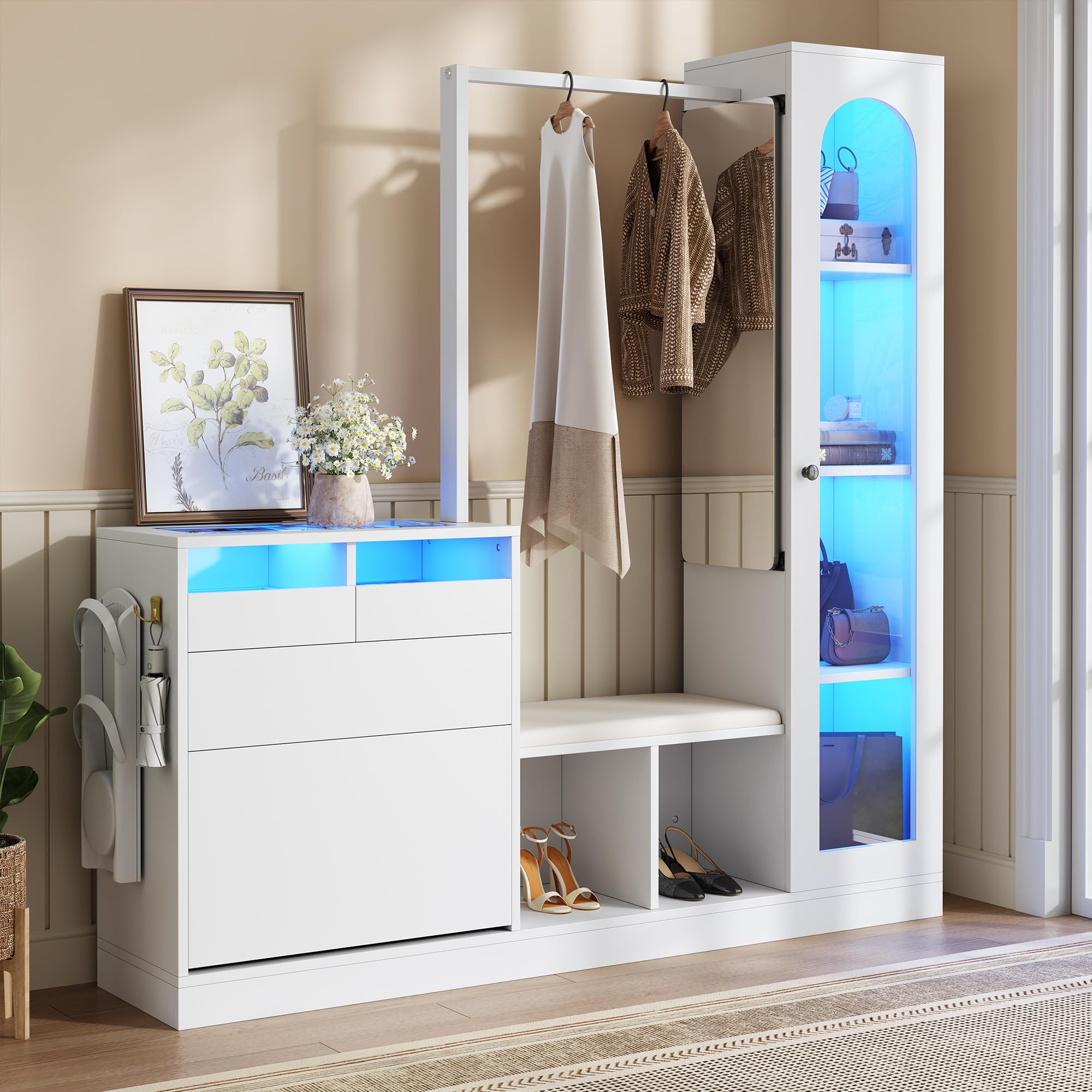 LAKFEW 6 en 1 Juego de Perchero, Perchero Entrada Recibidor con Espejo y Luz LED, Mueble Recibidor con 3 Cajones y 2 Puertas, Conjunto de Mueble Entrada Recibidor Percheros, 163x35x161 cm, Blanco