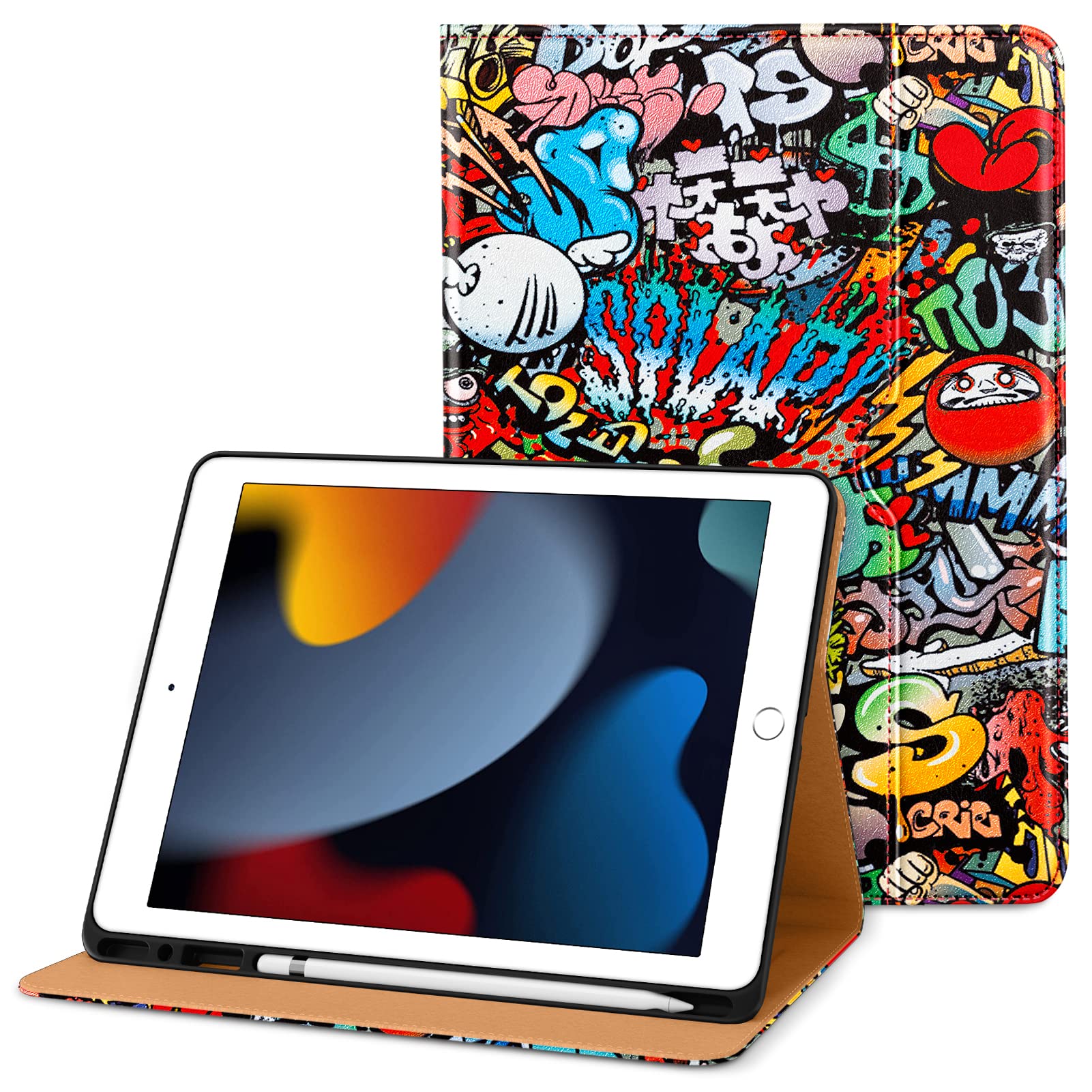 DTTO for iPad 9th/8th/7th Generation 10.2 Inch Case 2021/2020/2019, Premium Leather Business Folio Stand Cover with Apple Pencil Holder - Auto Wake/Sleep and Multiple Viewing Angles, Graffiti