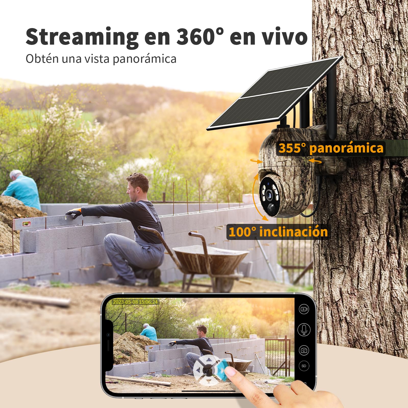 4G Camara Vigilancia Exterior con Tarjeta SIM, 2K 360° Inalámbrico Solar Cámara con Visión Nocturna Color, Detección de Movimiento, Audio Bidireccional, IP66 Impermeable