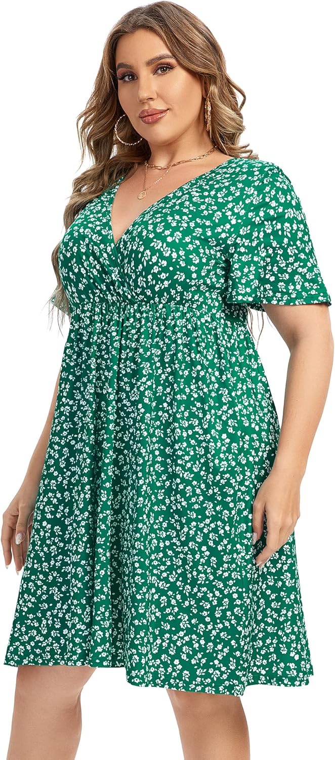 Plus Size Casual Dress Women's V Neck A-Line Knee Length Wrap Dress Swing Dresses Plus Size A Line Party Mini Dress greenf 3X-Large