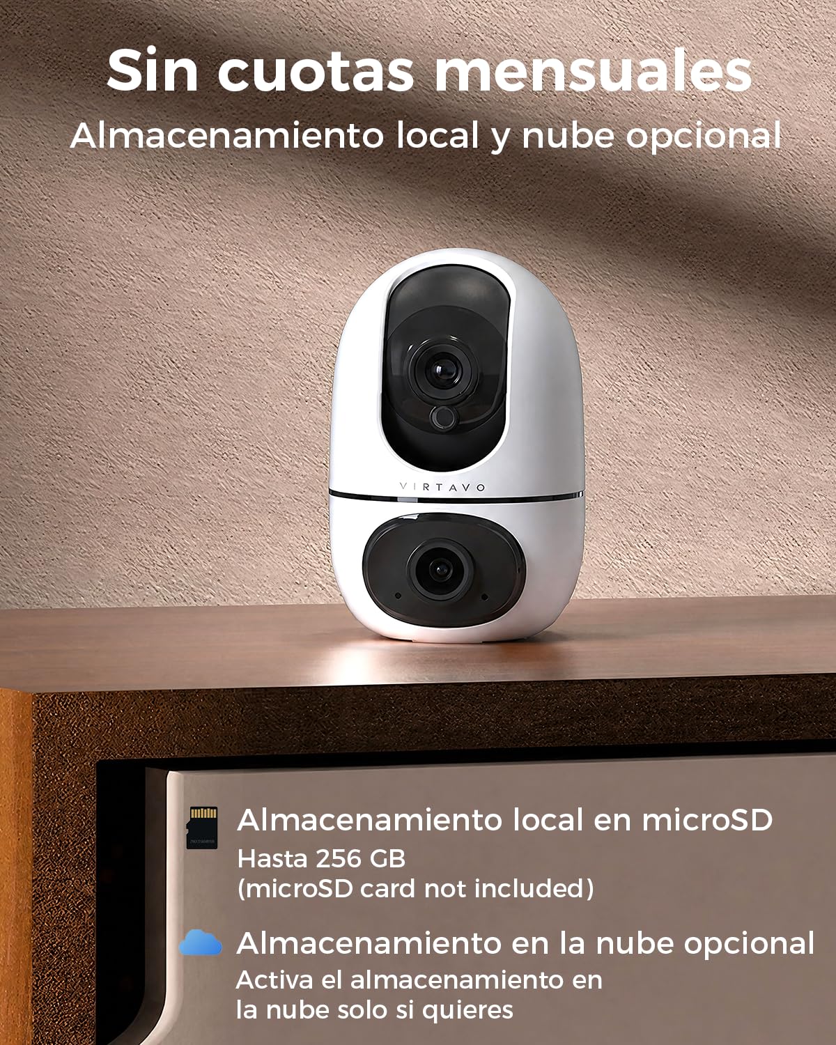 VIRTAVO XD1 Cámara Vigilancia WiFi Interior 1080P Doble Lente, 2 Vistas en 1 Pantalla, Visión Nocturna, Seguimiento Inteligente, Audio Bidireccional, PTZ 360° para Bebés/Mascotas/Seguridad en Casa