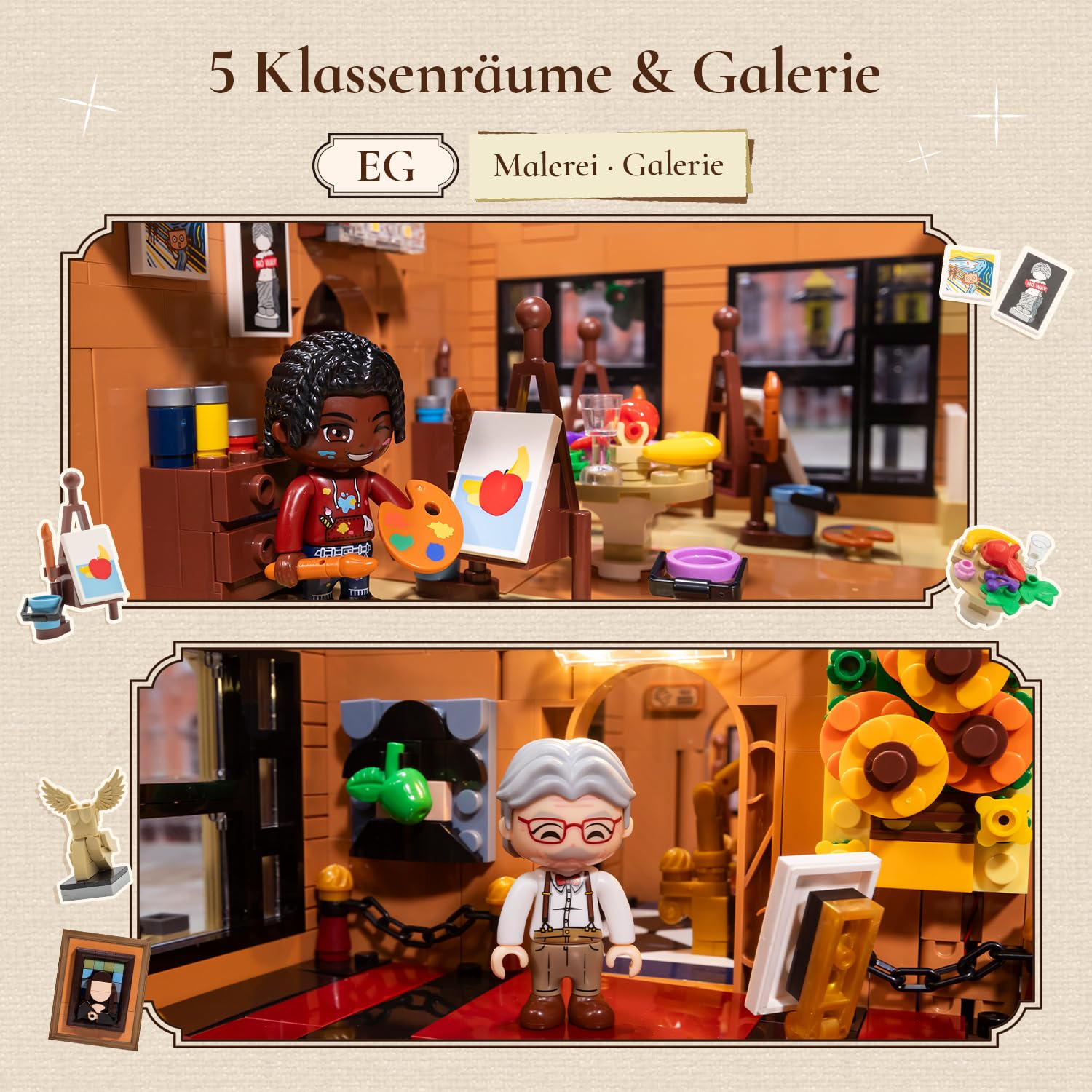 PANTASY Kunstakademie, modulares Klemmbausteine Set | 3-stöckige europäische Kunstschule mit detailreichen Ateliers und Innenräumen für modulare Straßenszenen