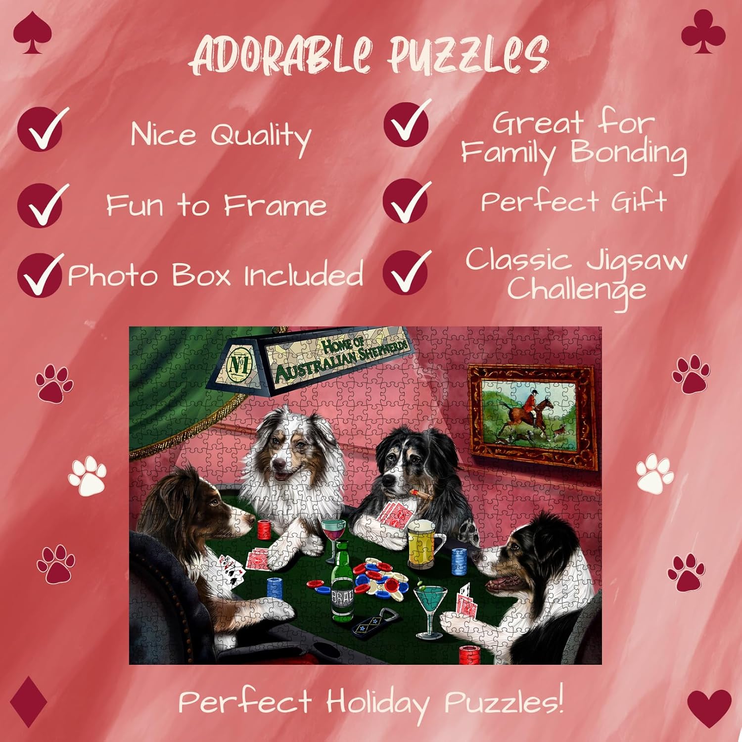 Home of Poker Playing Australian Shepherd Dogs Jigsaw Puzzle for Adults - Animal Printed Interlocking Puzzle Game Artwork - Gift for Dog Lover's - 1000 Pcs 20"x30"