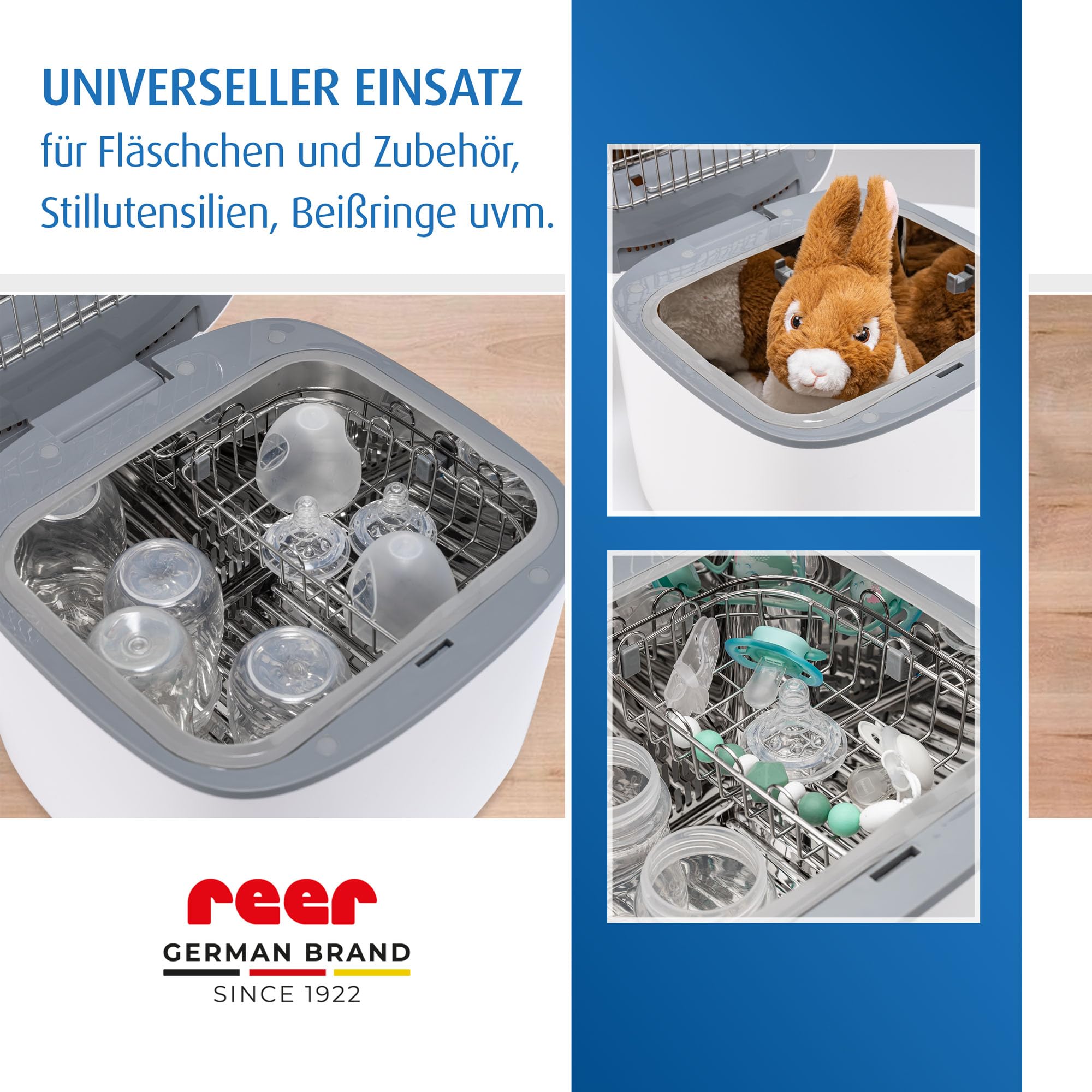 reer UV-C Desinfektionsgerät mit Trocknungsfunktion | Sterilisator für Babyflaschen und Baby Zubehör | Flaschensterilisator