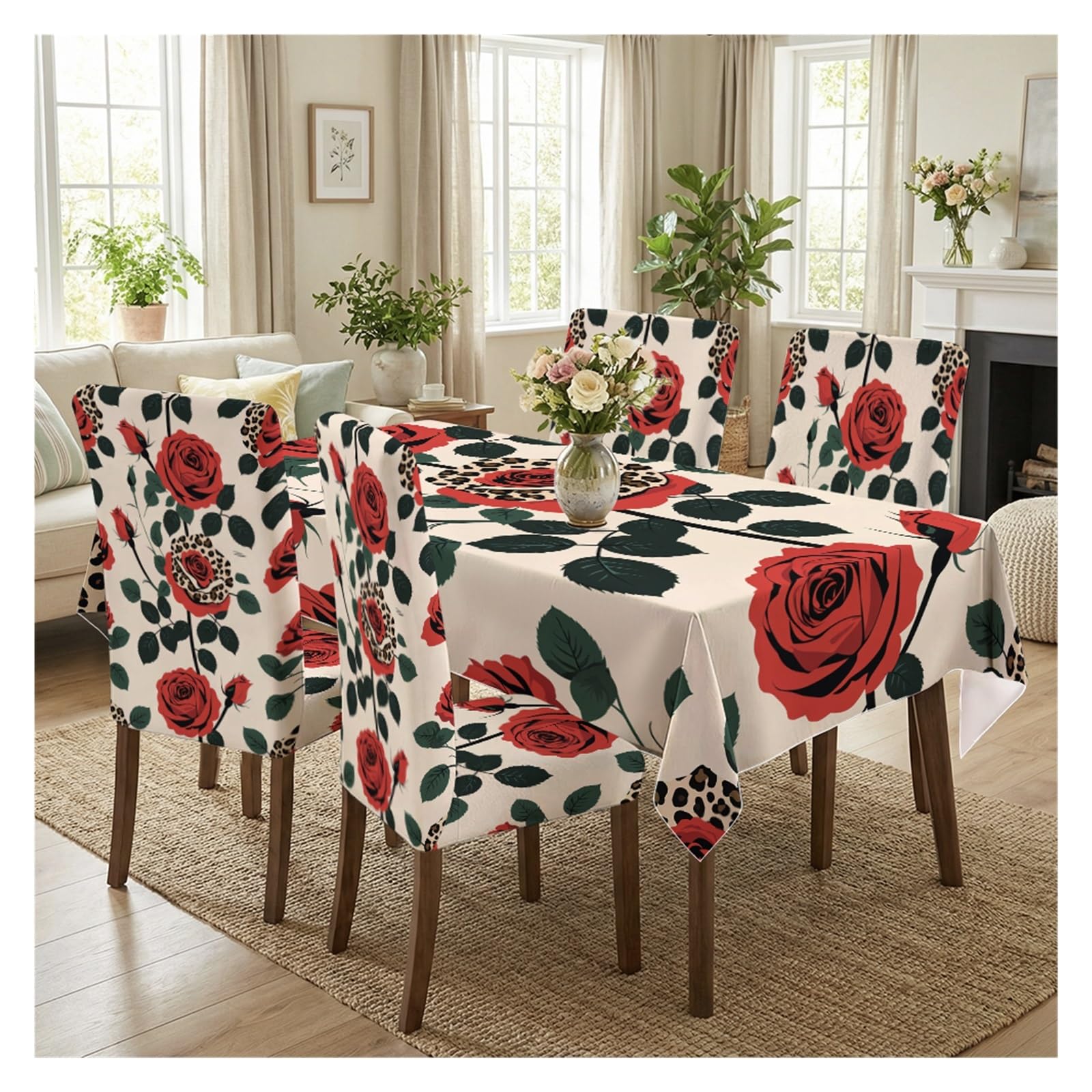 KXUAUV Red Rose & Leopard Print Tablecloth & Chair Covers Set, Slipcovers For Dining Room, Kitchen, Modern & Bold Decor, 5/7 Pack Party Decor(5pcs Set: Tablecloth+Chair Covers)