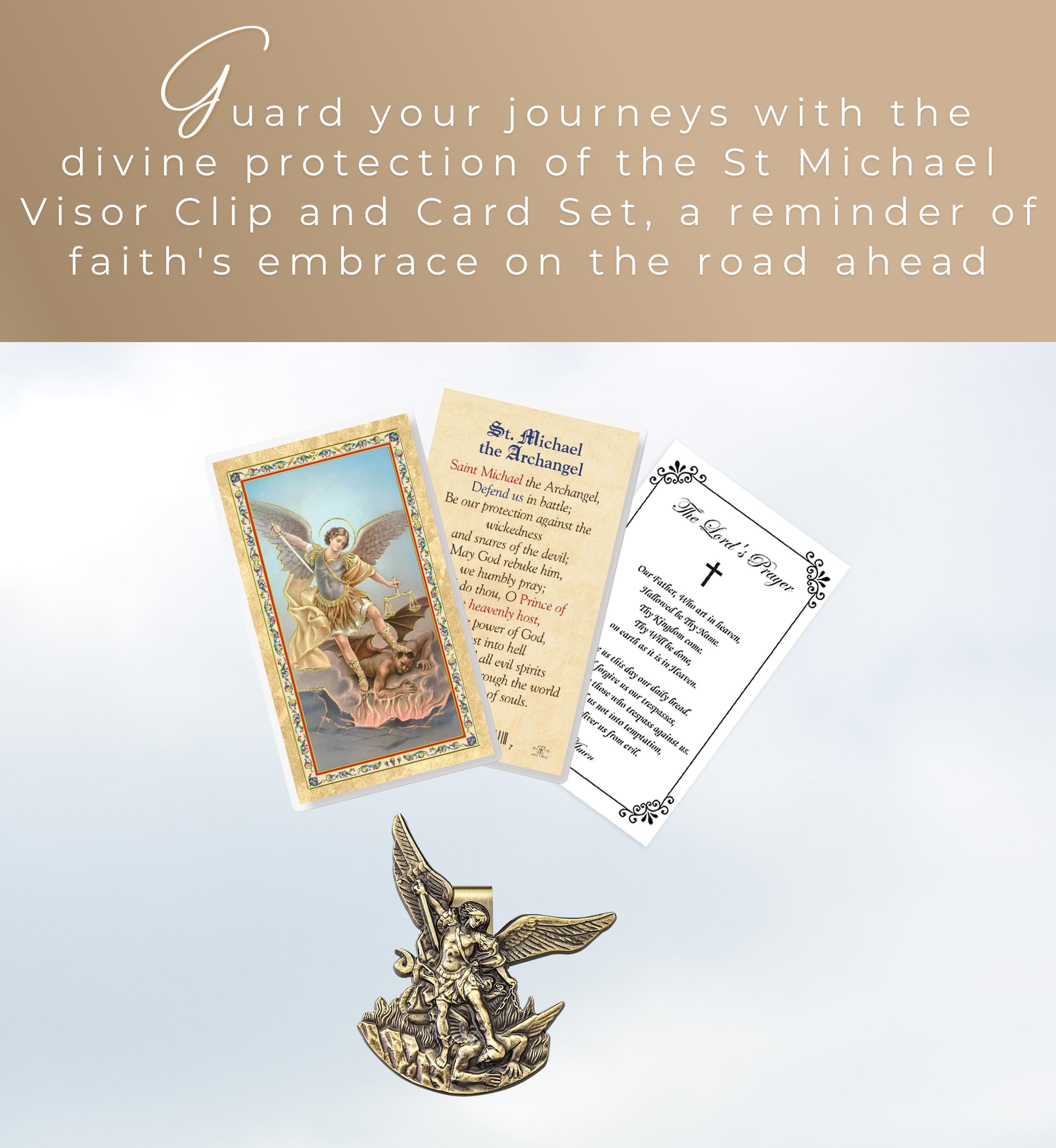 St Michael Visor Clip - Laminated St Michael The Archangel & Lord's Prayer Cards - Antique Brass Style Car Clip - Catholic Accessory Set (3 Items)