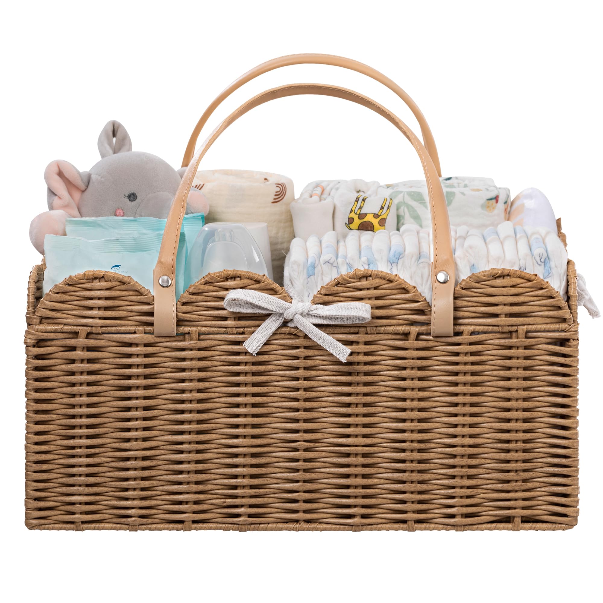 HBlife Baby Diaper Caddy Organizer Large Portable Scalloped Plastic Wicker Woven Basket with Divider Nursery Diaper Station Baby