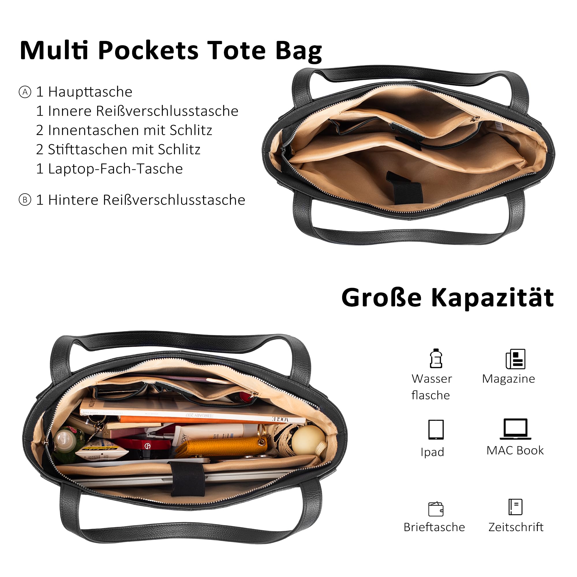 befen Echtleder Handtasche Damen Groß Shopper Tasche mit 14 Zoll Laptopfach, Mode Leder Tote Bag Schule Arbeit Freizeit Henkeltasche mit Reißverschluss