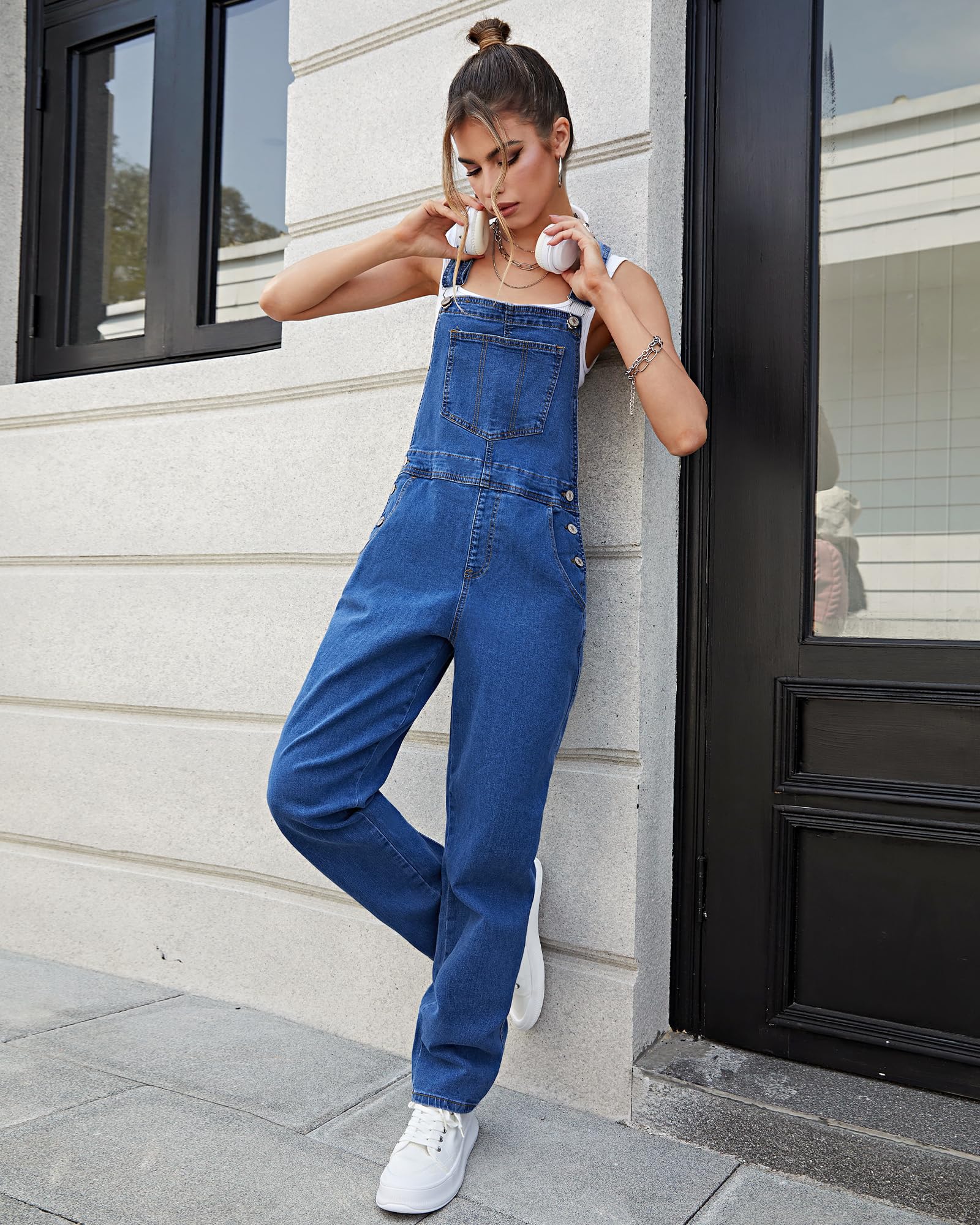 Roskiky - Salopette casual da donna in denim elasticizzato, con tasche