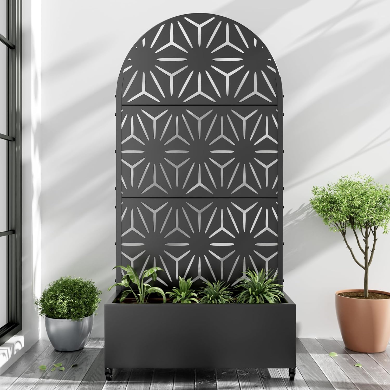Casaphoria Metal Raised Garden Bed with Trellis and Wheels, 72"x35"x16" Arched Planter Box for Climbing Plants, Vegetables & Vines, Features Drainage Holes and Privacy Screen (Black-Star)