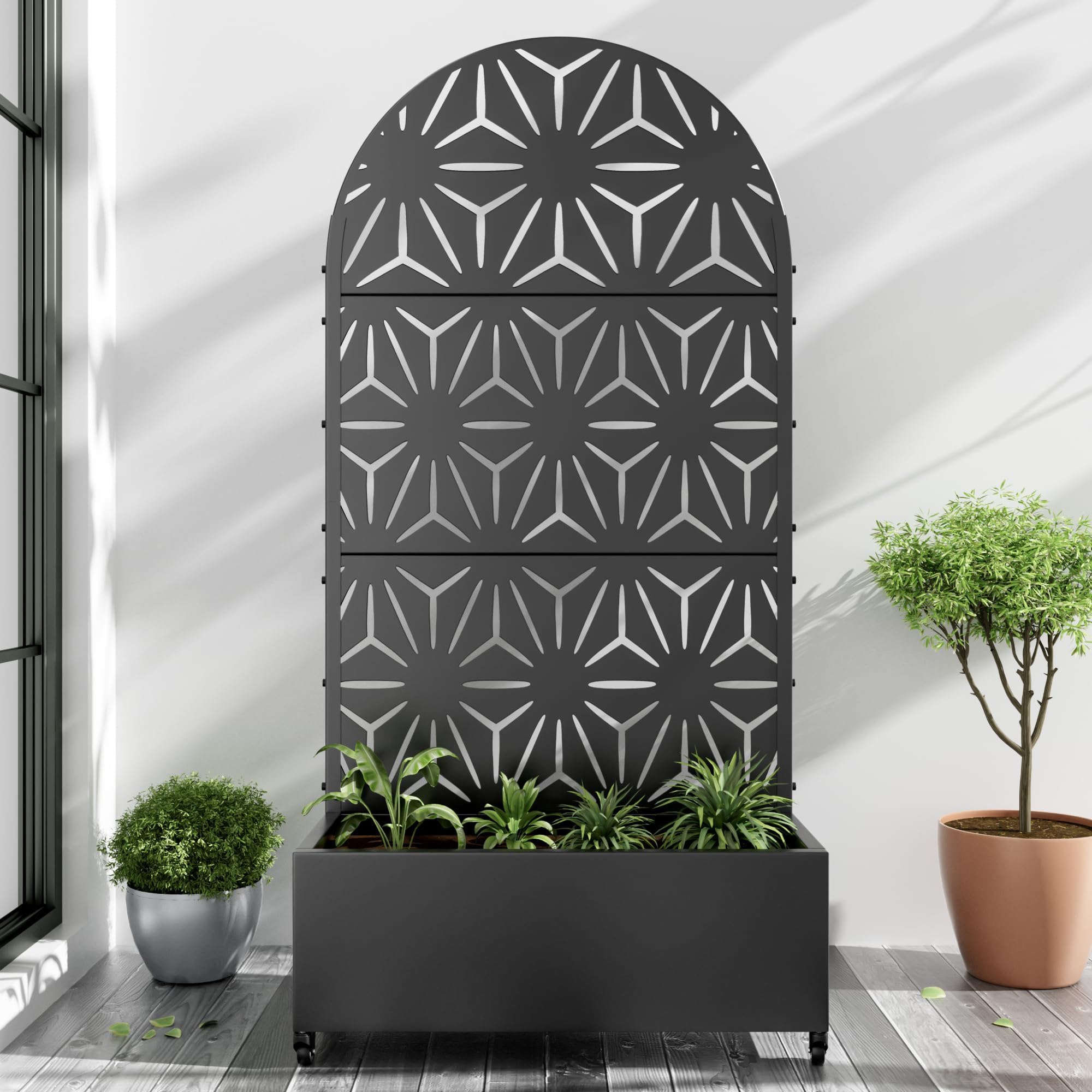 Casaphoria Metal Raised Garden Bed with Trellis and Wheels, 72"x35"x16" Arched Planter Box for Climbing Plants, Vegetables & Vines, Features Drainage Holes and Privacy Screen (Black-Star)