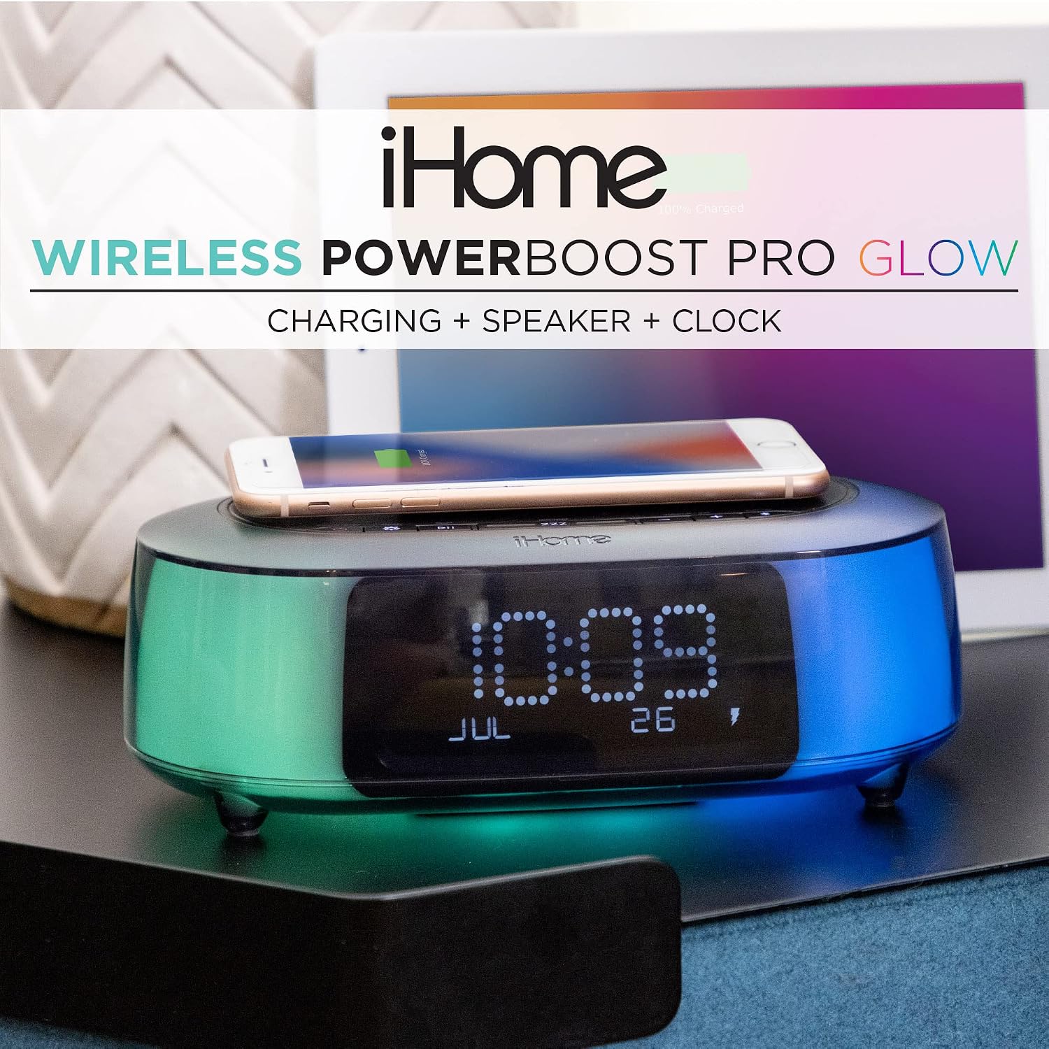 iHome Wireless Charging Alarm Clock with Bluetooth Speaker and Color Changing Lights, Digital Alarm Clock for Bedroom, Office, or Dorm (iBTW281v2)