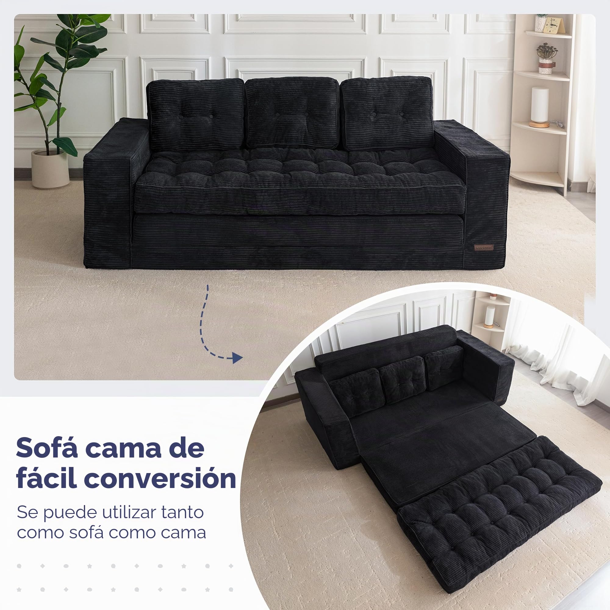 MAXYOYO Sofá Cama de Suelo de 190 cm de Ancho con Cojín, 2 en 1, Plegable, de Pana de 3 Plazas, con Función de Dormir, Superficie de Descanso 101 x 196 cm, para Salón, Dormitorio, Salón