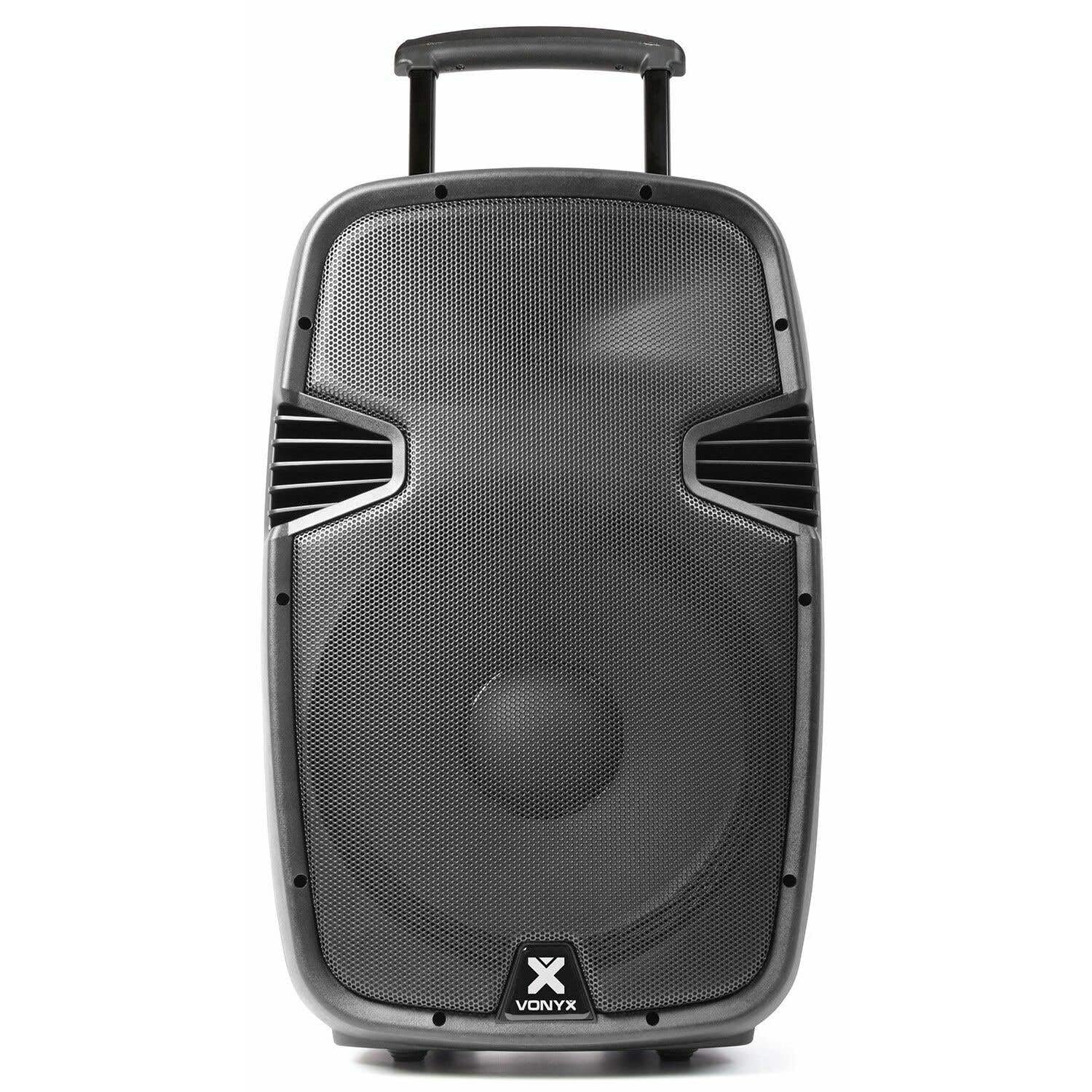 Vonyx SPJ-PA915 Enceinte Sono Portable avec micros sans fil – 700W Max, Bluetooth, USB/SD/MP3, Boomer 15", Batterie intégrée, poignée, emplacement pour pied de fixation, enceinte légère et robuste