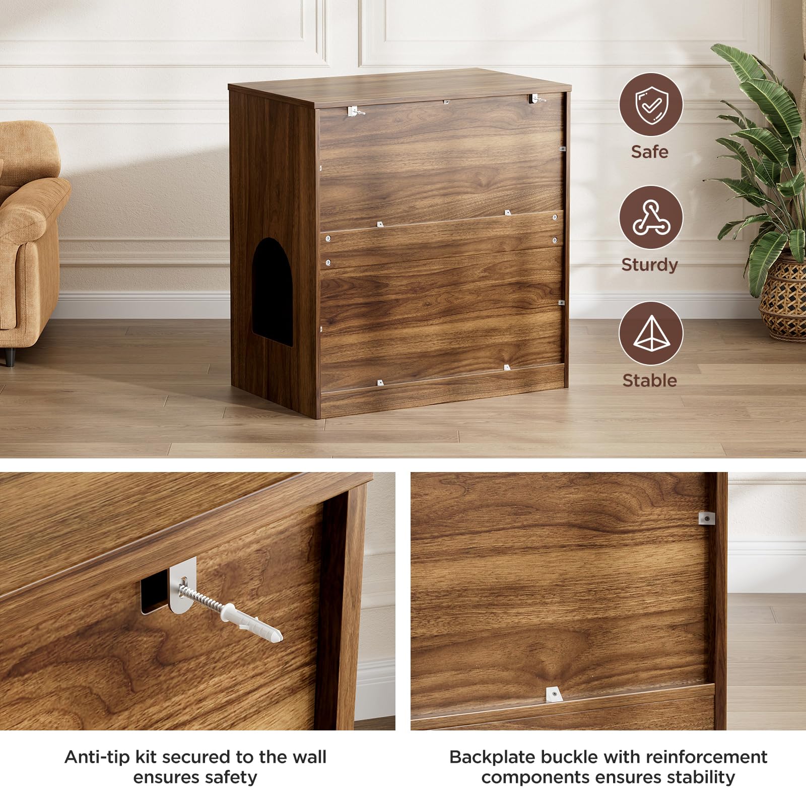 Cat Litter Box Enclosure, Cat Litter Box Furniture with Storage, Modern Fluted Arched Hidden Litter Box with Dual Entry, Waterproof Cat Box Enclosure, Side Table, Walnut - image 7