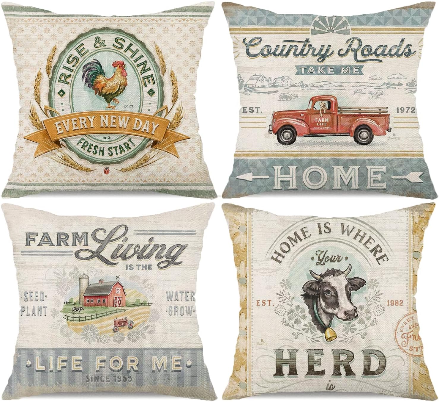 Vintage Farmhouse Animal Pillow Covers 18×18 Set of 4 Retro Farmer’s Market Truck Rooster Sheep Feed Seed Premium Poultry Farm Home Décor Throw Pillow Case Cushion Cover for Sofa (18″ X 18″)