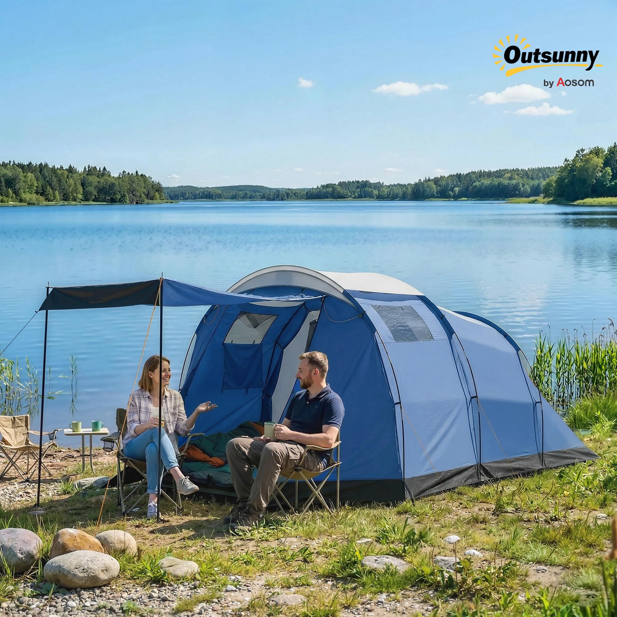 Outsunny Tente de Camping Tunnel pour 4 Personnes Imperméable 3000mm - Séjour Spacieux Double Couche Hauteur 190cm - Abri de Jardin pour Bivouac Randonnée avec Auvent, Bleu Foncé