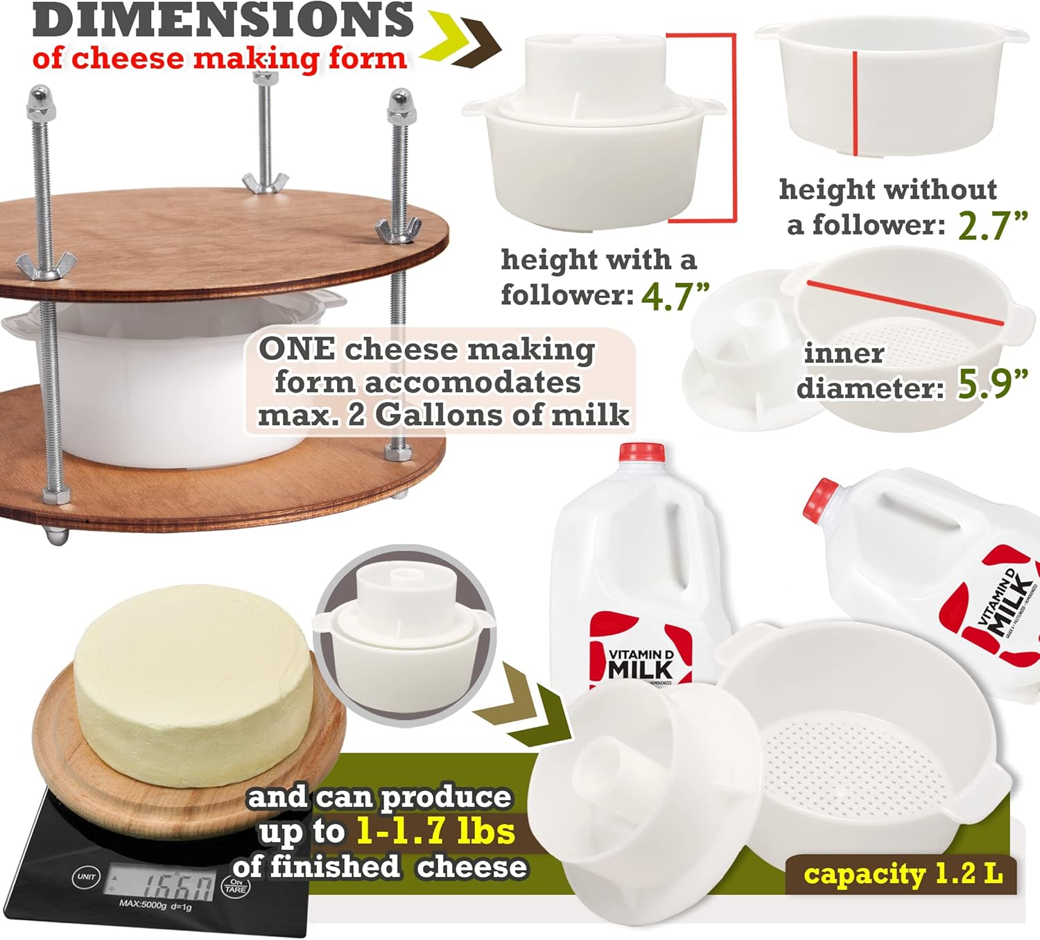 Wooden Cheese Press for Cheese Making Supplies Diameter 11 in Metal Guides Walnut and Cheese Mold with Follower Piston 1.3 Qt - Small Home Supply Ultimate Cheese Press Machine - Prensa Para Queso