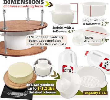 Wooden Cheese Press for Cheese Making Supplies Diameter 11 in Metal Guides Walnut and Cheese Mold with Follower Piston 1.3 Qt - Small Home Supply Ultimate Cheese Press Machine - Prensa Para Queso