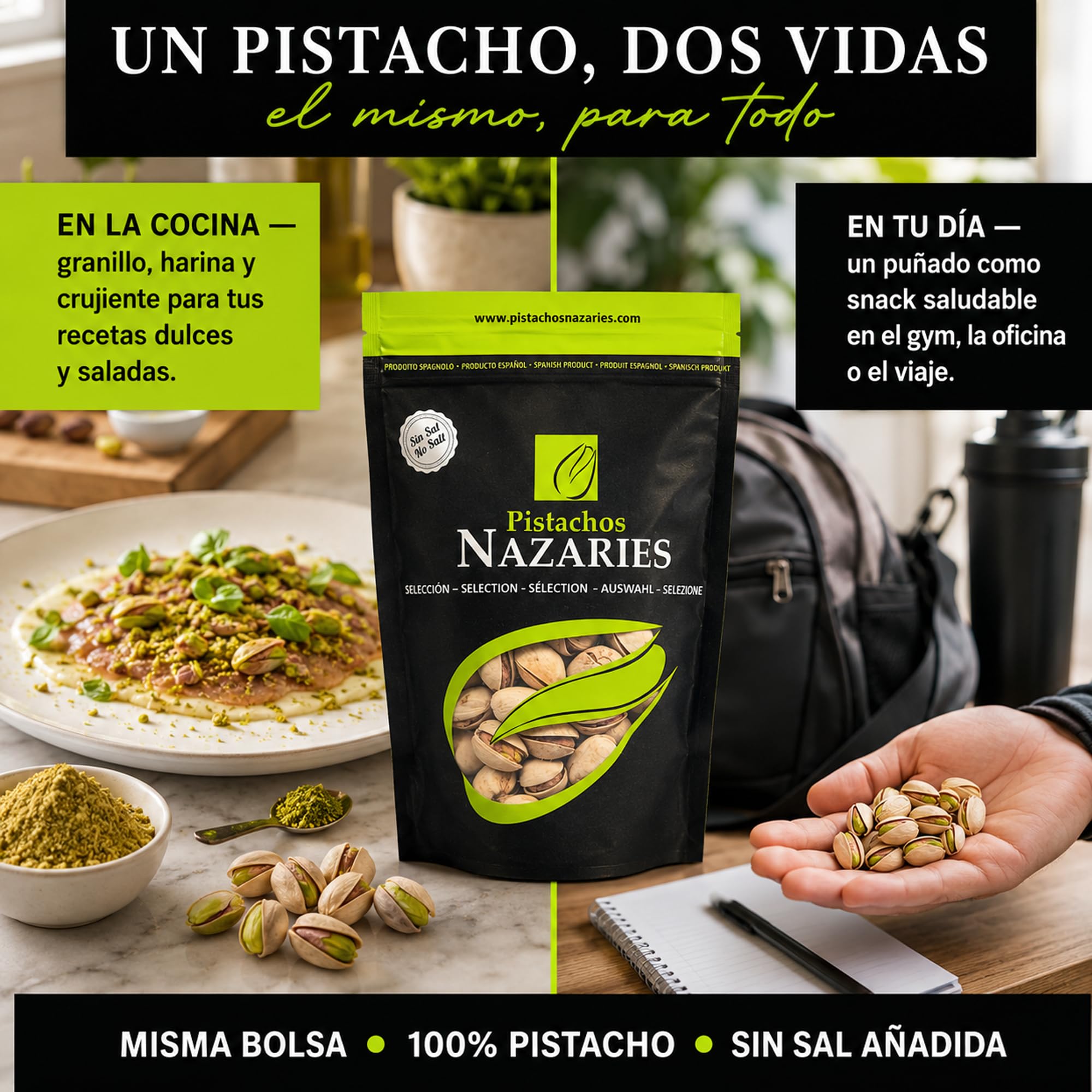 PISTACHOS NAZARIES Pistachos Tostados Sin Sal 8 x 120 g Pistacho Español Cultivo Propio Andalucia Malaga Snack Saludable Fitness Sin Gluten Frutos Secos Aperitivo Individual Para Llevar Gym Oficina