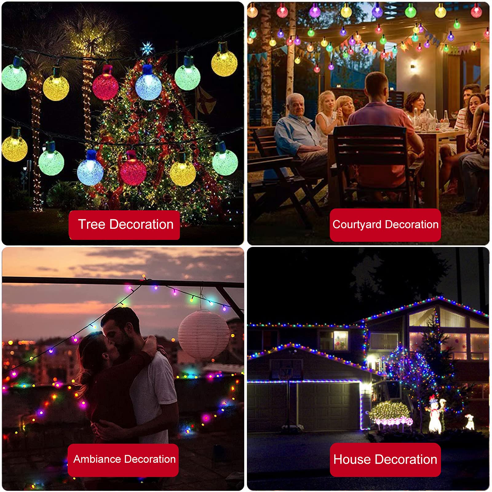 Solar-Lichterkette für den Außenbereich, 100 LEDs, 12.4 m, mehrfarbig, Kristallkugel-Lichter mit 8 Beleuchtungsmodi, wasserdicht, solarbetrieben, Hochzeit, Party-Dekoration