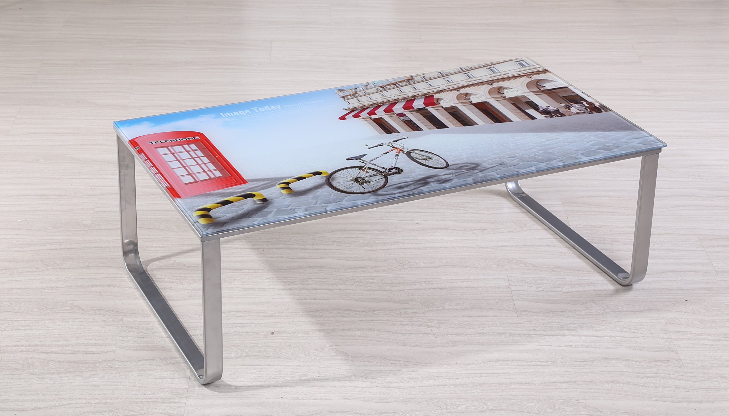 Carter Collection Scenic 8mm Thick Tempered Glass Top Coffee Table with Rounded Steel Legs Multi-Colored
