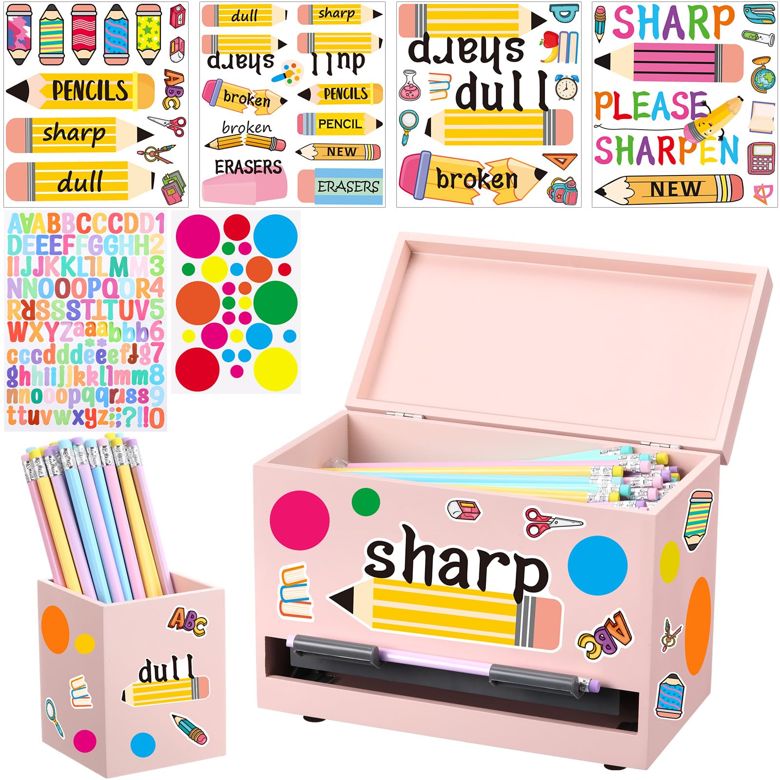 Mifoci Classroom - Dispenser per matite in legno con etichette appuntite, colore: rosa | Portamatite in legno, dispenser di cannuccia, per insegnanti, forniture per l'organizzazione del rientro a scuola
