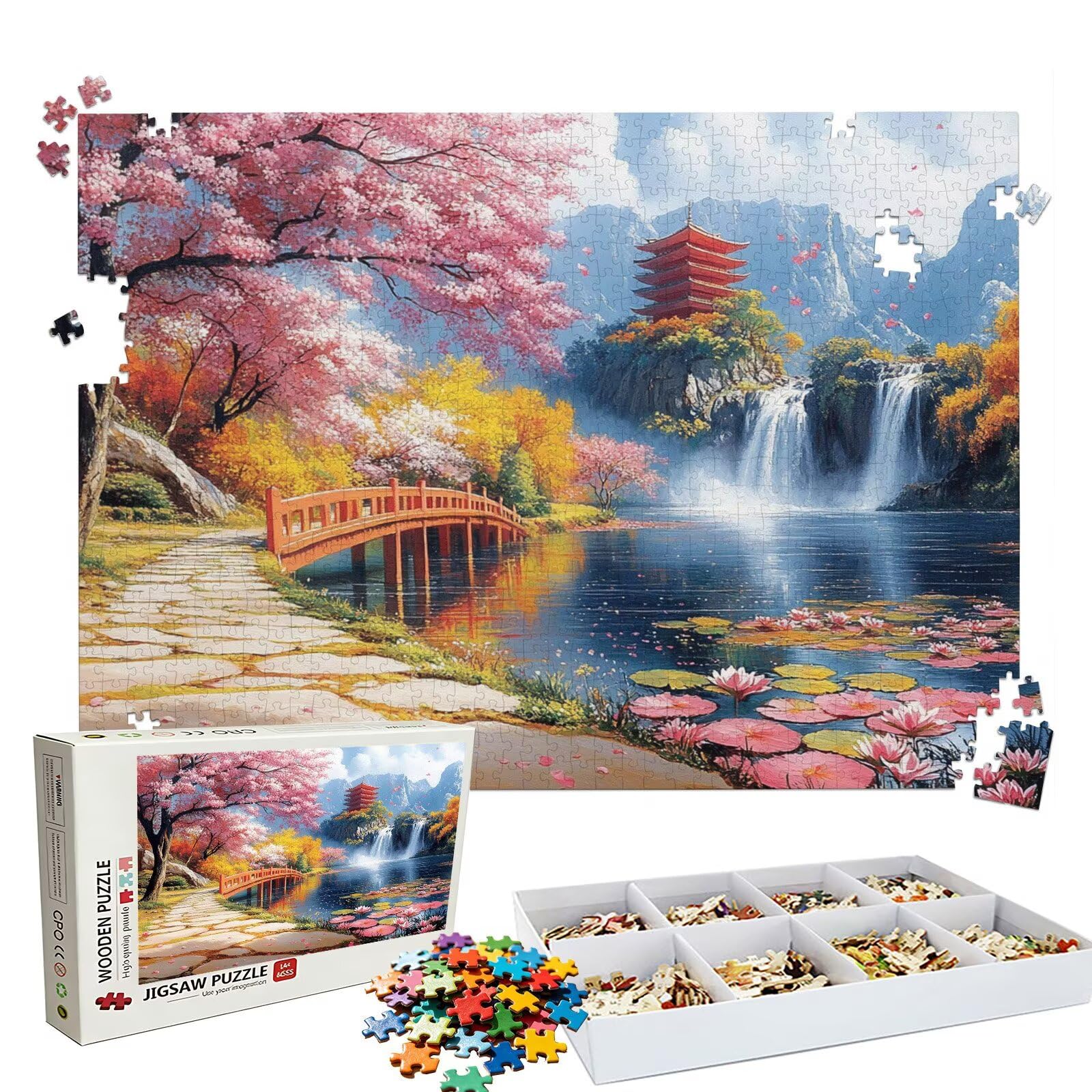 Puzzle 1000 elementów, puzzle 1000 elementów dla dorosłych, trudne puzzle, druk w wysokiej rozdzielczości i jasne kolory, drewniane puzzle jesienny krajobraz z wykwintnym pudełkiem do pakowania W3H