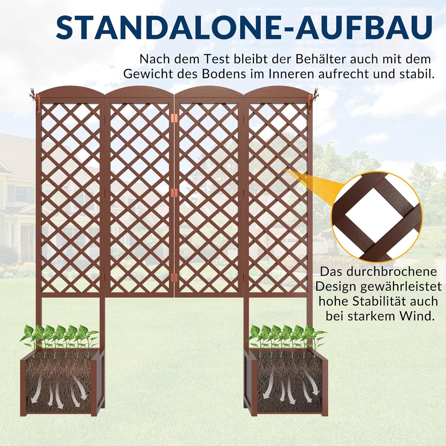 Vaso rialzato in abete impermeabile con traliccio per rampicanti 160x40,6x183 cm | Vaso da giardino schermo visivo con drenaggio | Modulare per piante rampicanti marrone scuro(Confezione da 2 pezzi)