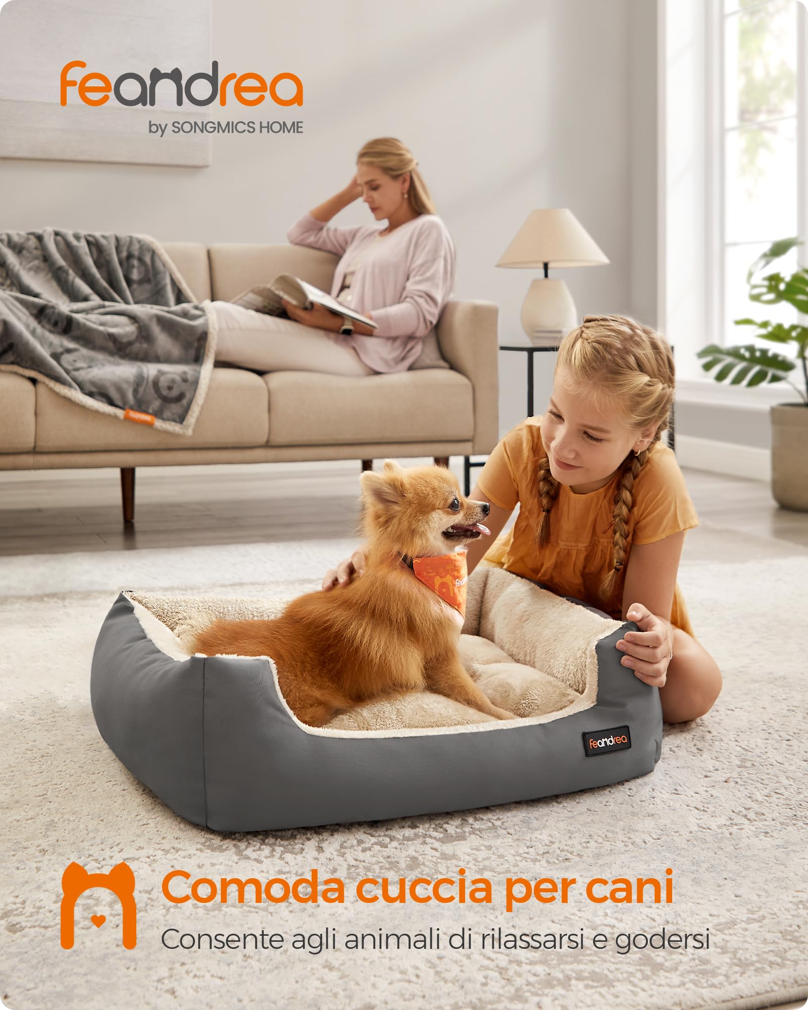Feandrea Cuccia Cane Interno, Cuccia per Cani e Animale Domestico, Tappeto Rimovibile e Reversibile, Bordi Rialzati, Fondo Antiscivolo, M, 70 x 55 x 21 cm, Grigio Tortora e Beige Sabbia PGW003G01